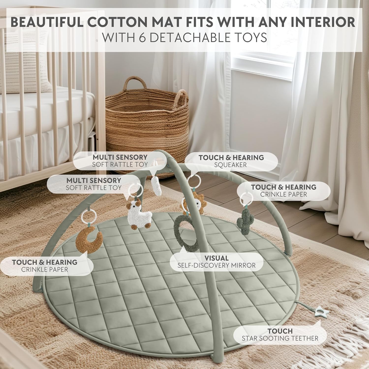 Beautiful Baby Play Gym and Tummy Time Mat - Soft Cotton Mat with 6 Cute Toys Creates The Perfect Activity Area for Your Girl/Boy - Stylish Infant Floor Playmat Fits Nicely with Any Playroom Decor - Image 5