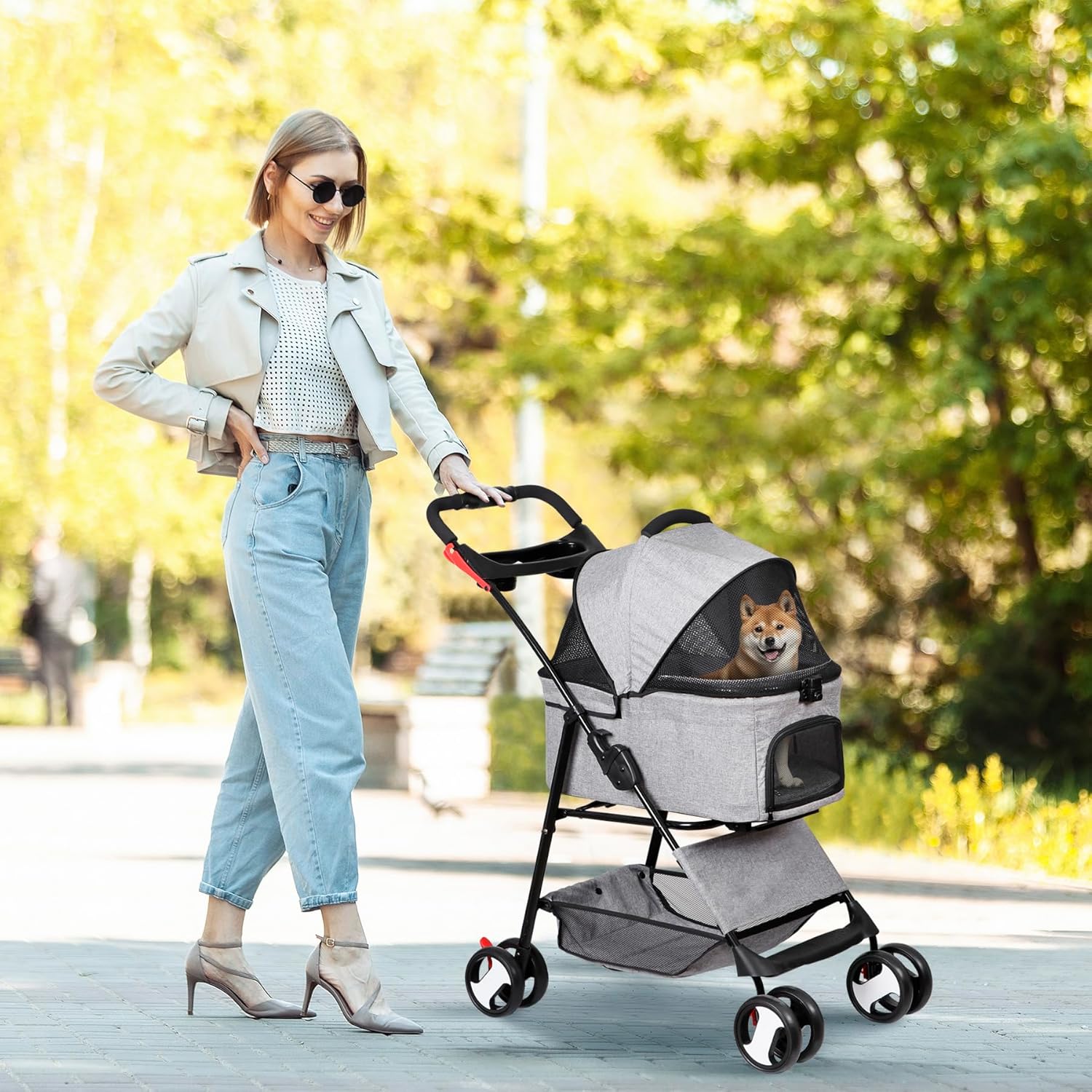Pet Stroller 4 Wheels Dog Cat Stroller for Small Medium Dog Cats Carrier Jogger Travel Foldable Puppy Stroller with Detachable Carrier - Image 3