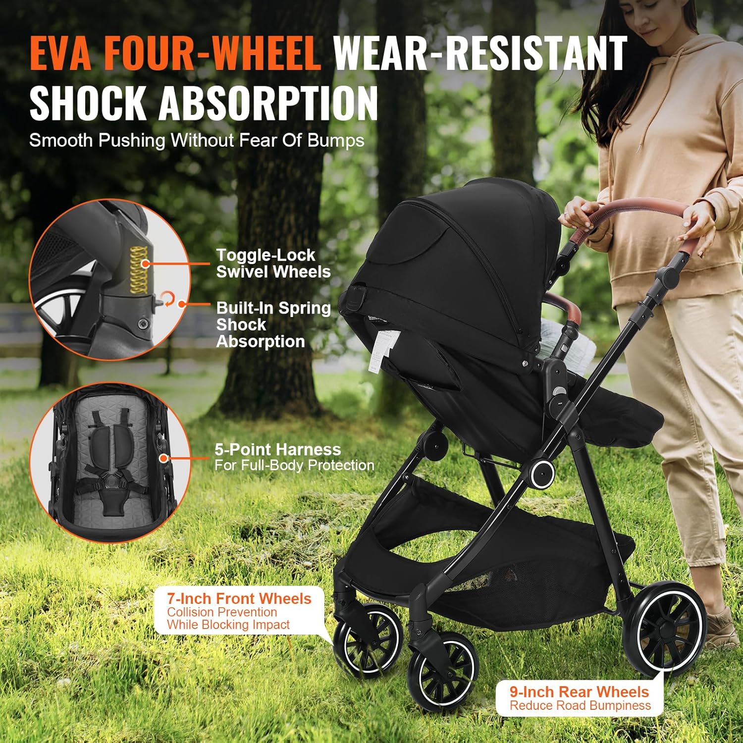 VEVOR Standard Baby Stroller, Infant Toddler Stroller with Bassinet, 3rd-Gear Adjustable Backrest & Foldable & Reversible Seat, Carbon Steel Newborn Stroller with Leg Cover and Mesh Net, Black - Image 5