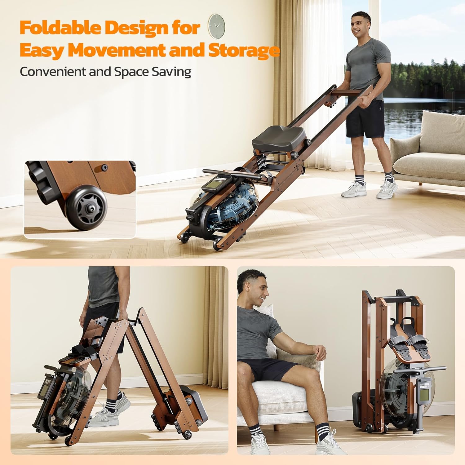 Dripex Rowing Machines for Home Foldable, Water Rowing Machine Max 350 LBS, Water Rower with Smooth Slide Rail, Comfortable Seat, Bluetooth App Supported, LCD Monitor, Wooden Row Machine for Home Gym - Image 5