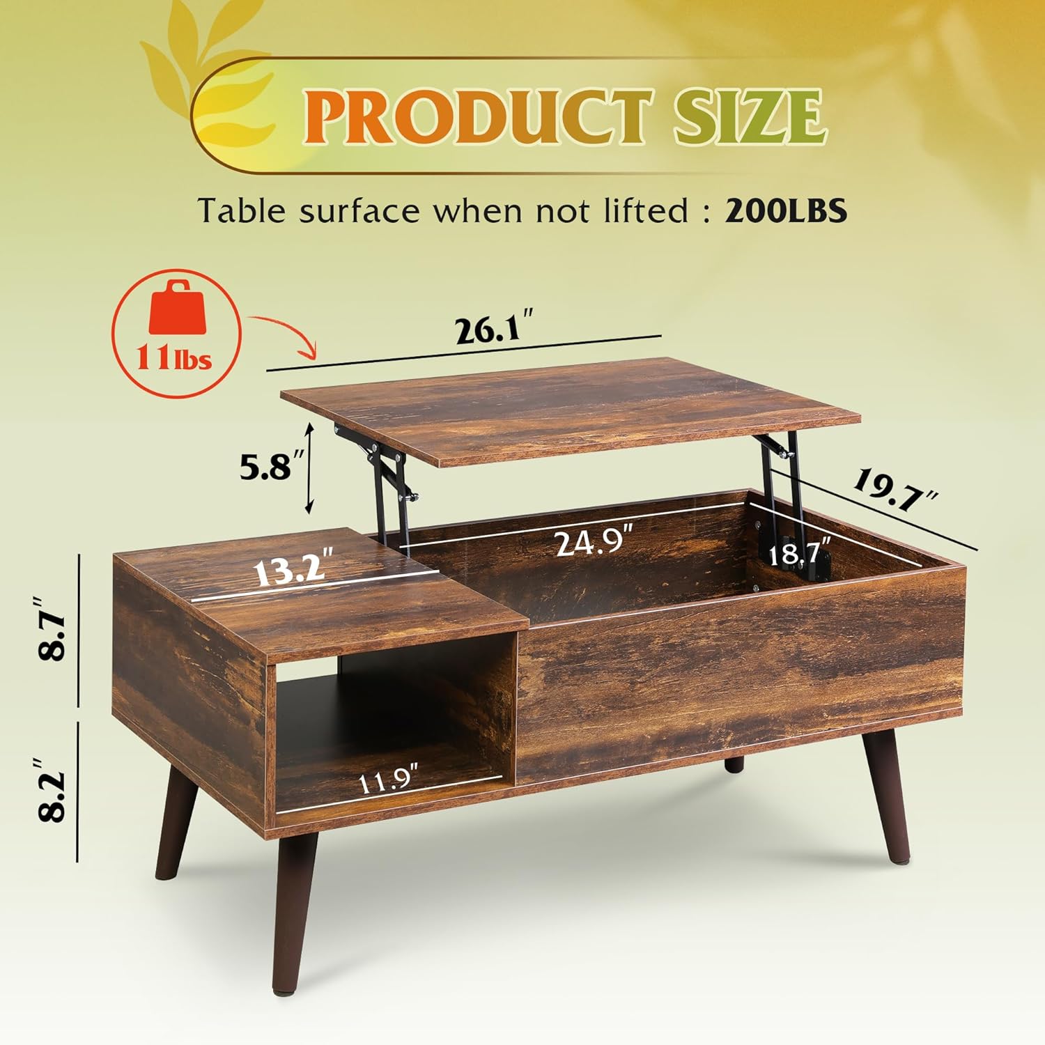 WLIVE Coffee Table, 39" Lift Top Coffee Table with Hidden Compartment, Small Rising Wooden Dining Center Table for Home Living Room, Office, Rustic Brown - Image 4