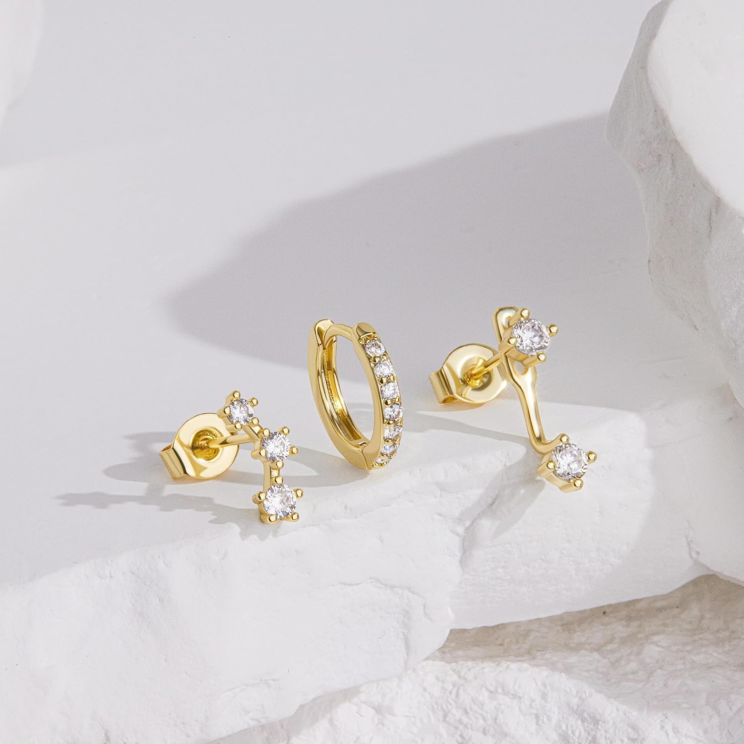 Gold Stud Earrings Set for Women, 3 Pairs Huggie Hoop Jacket Studs Earring Stack, Hypoallergenic 925 Sterling Silver Post Dainty Birthstone Trendy Fashion Jewelry Gifts for Mom - Image 8