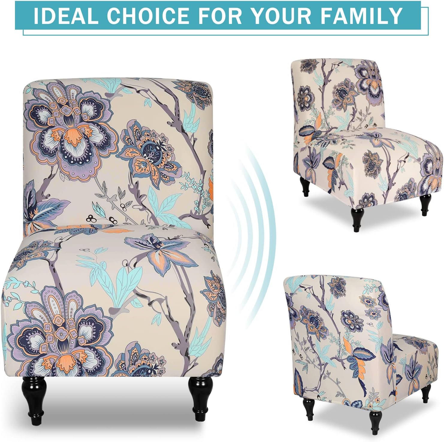 Armless Accent Slipper Chair Cover Slipcover,Stretch Spandex Small Checks,Non-Slip Sofa Couch Cover Furniture Protector (Beige Flower, 1) - Image 6