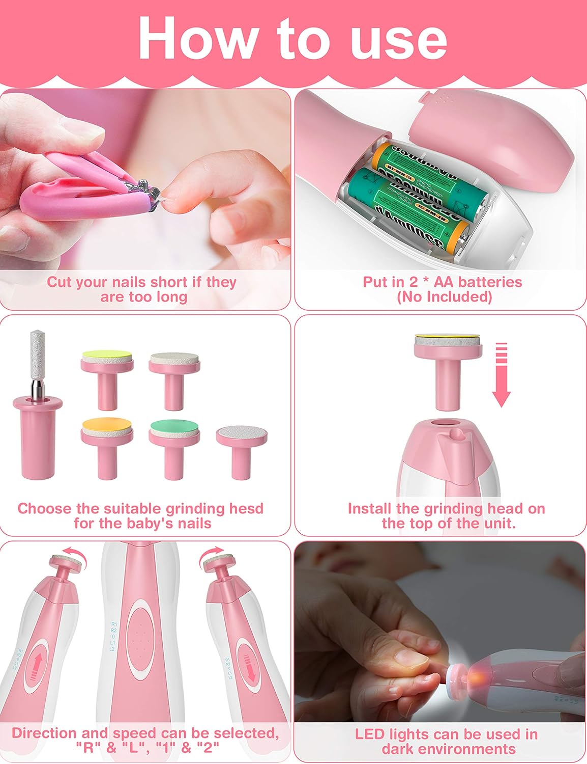 OTTOLIVES Baby Healthcare and Grooming Kit, 24 in 1 Baby Electric Nail Trimmer Set Newborn Nursery Health Care Set for Newborn Infant Toddlers Baby Boys Girls Kids Haircut Tools (0-3 Years+) (Pink) - Image 5