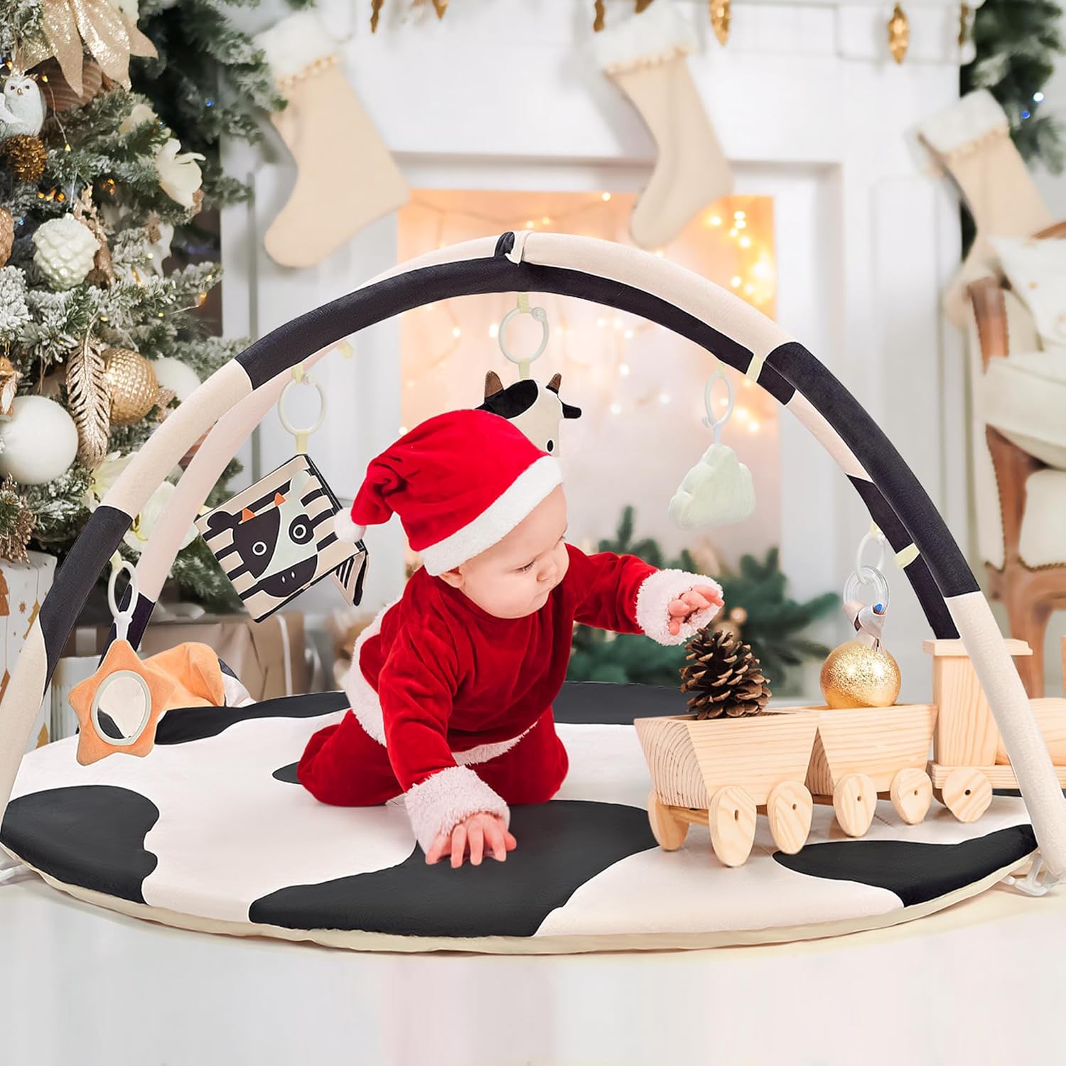 2PM SPORTS Cow Theme Baby Play Mat, Tummy Time Mat for Infant Newborn, Baby Play Gyms & Playmats for 0-3 3-6 6-12 Months, Activity Mat 5 Detachable Toys, Non Slip Gym Mat Easy to Install & Clean - Image 7