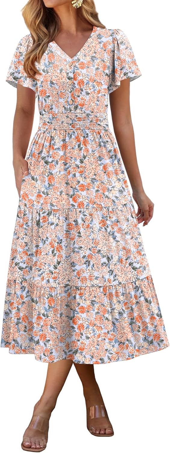 ANRABESS Womens Summer Casual Short Sleeve V Neck Midi Dresses Button Down A Line Flowy Tiered 2025 Boho Beach Dress - Image 2