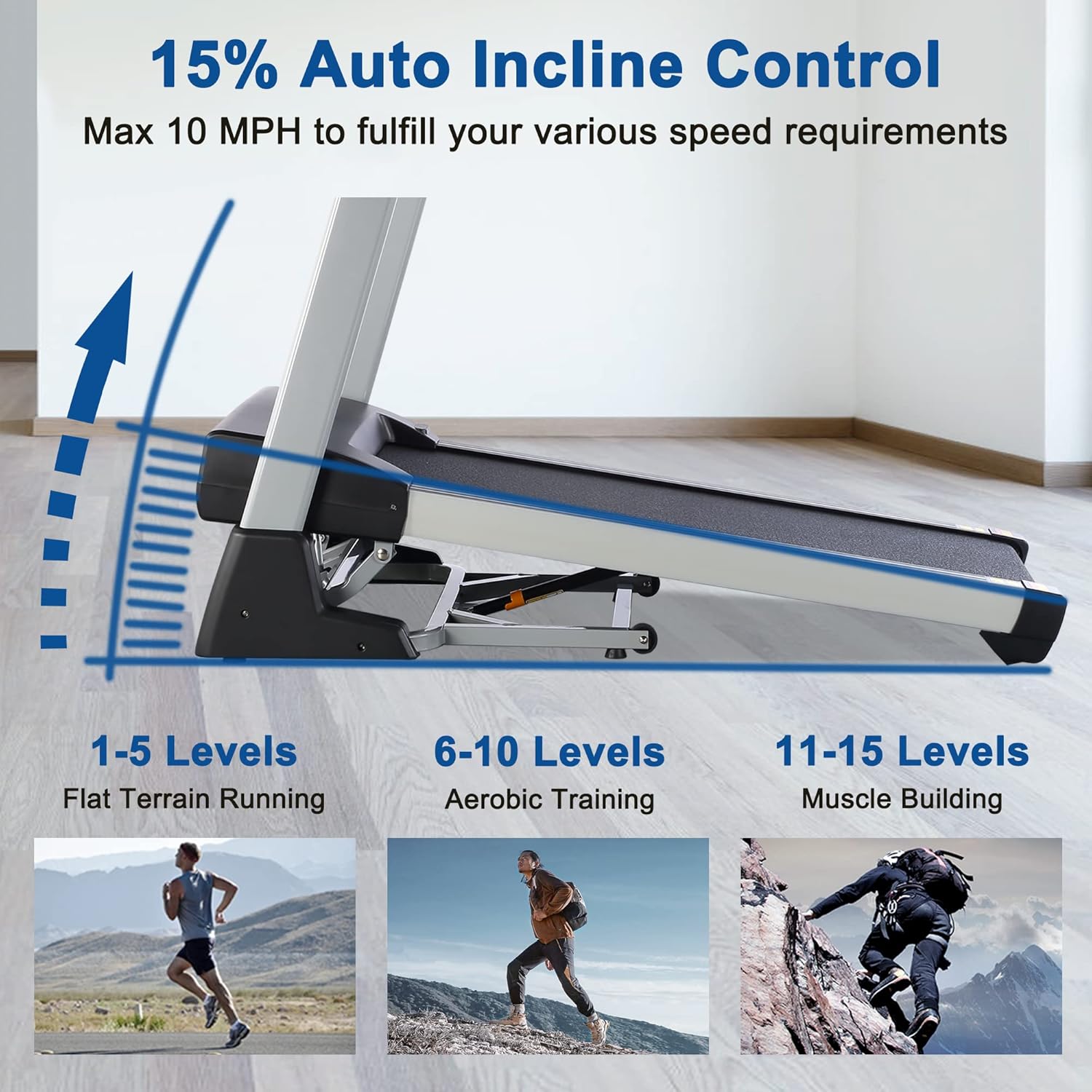 15% Auto Incline Treadmill with Bluetooth Speaker, 20" Wide 3.5HP Folding Electric Treadmill with LCD Display Easy Assembly Running Walking Exercise Machine for Home Use, 350 LBS Capacity - Image 4