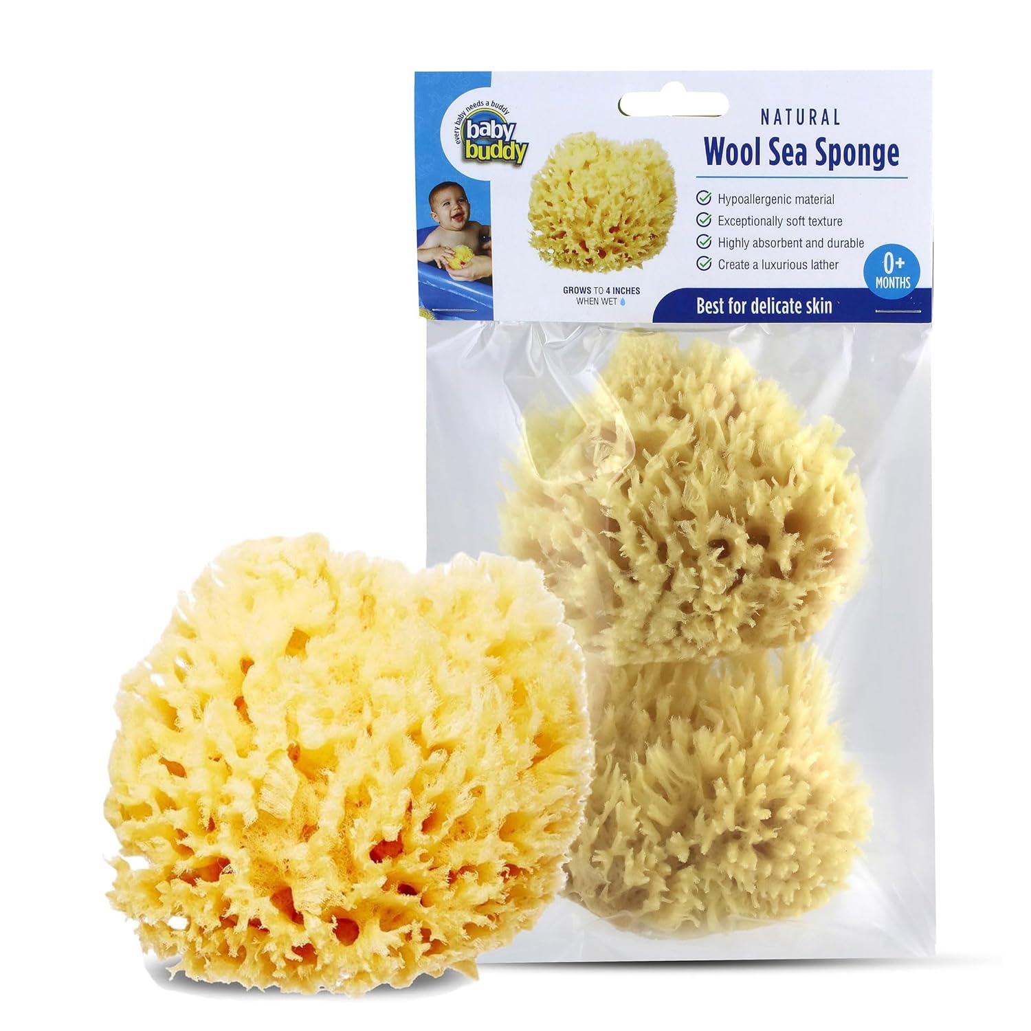 Baby Buddy Natural Wool Sea Sponge, Newborn Bath Time Essential, Ultra Soft for Delicate Skin, Hypoallergenic and Biodegradable, 2 Pack - Image 2