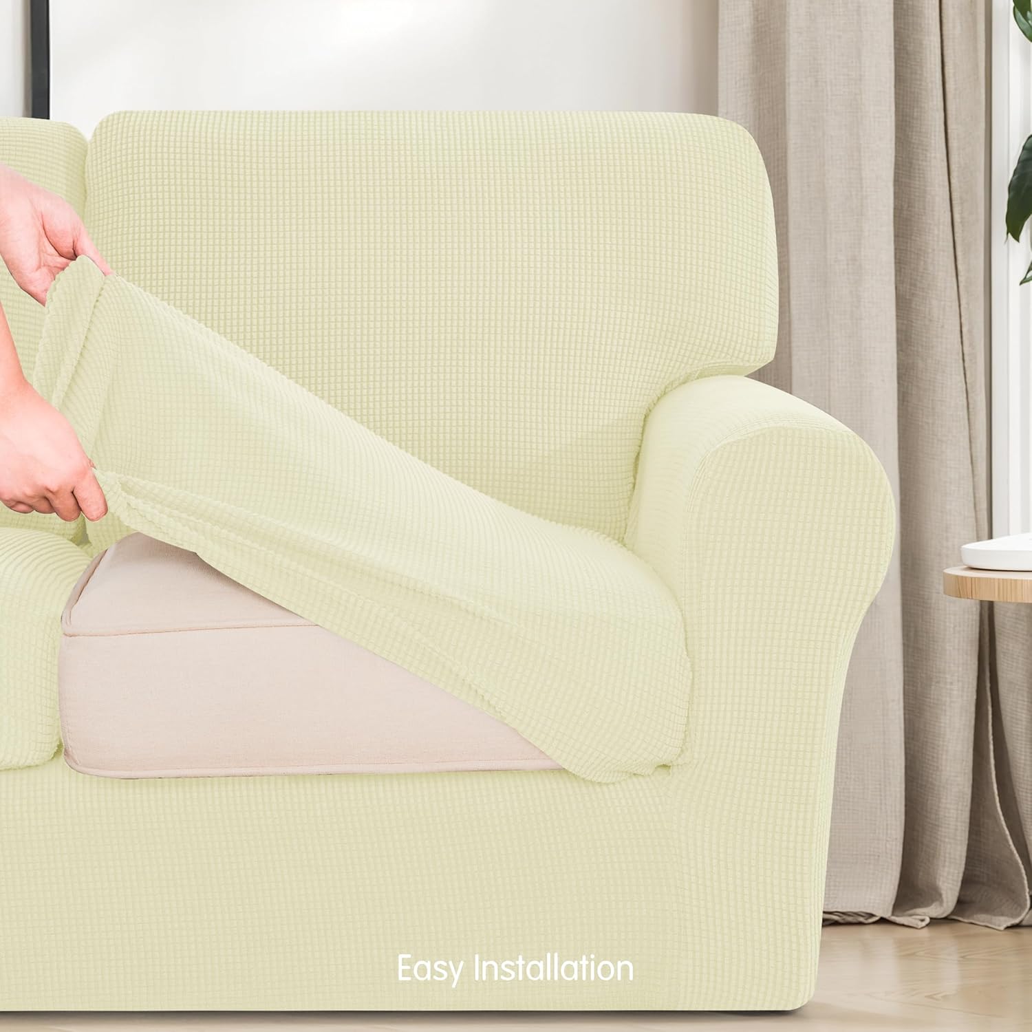 subrtex Slipcover Sets for Sofa, 7 Pieces Stretch Furniture Cover, Wear Resistant, Washable, Checkered Pattern, Ivory (Large) - Image 7