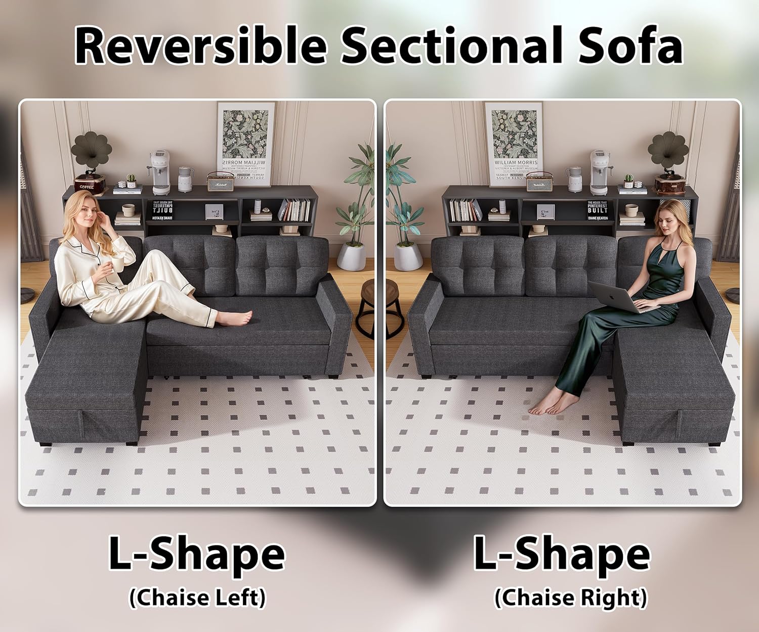 Reversible Sectional Sofa Couch, Sleeper Sofa Bed with Storage Chaise Pull Out Couch for Living Room | Hidden Stroge | Pull Out Bed | Removable Backrest | Linen Fabric, DeepGrey - Image 6