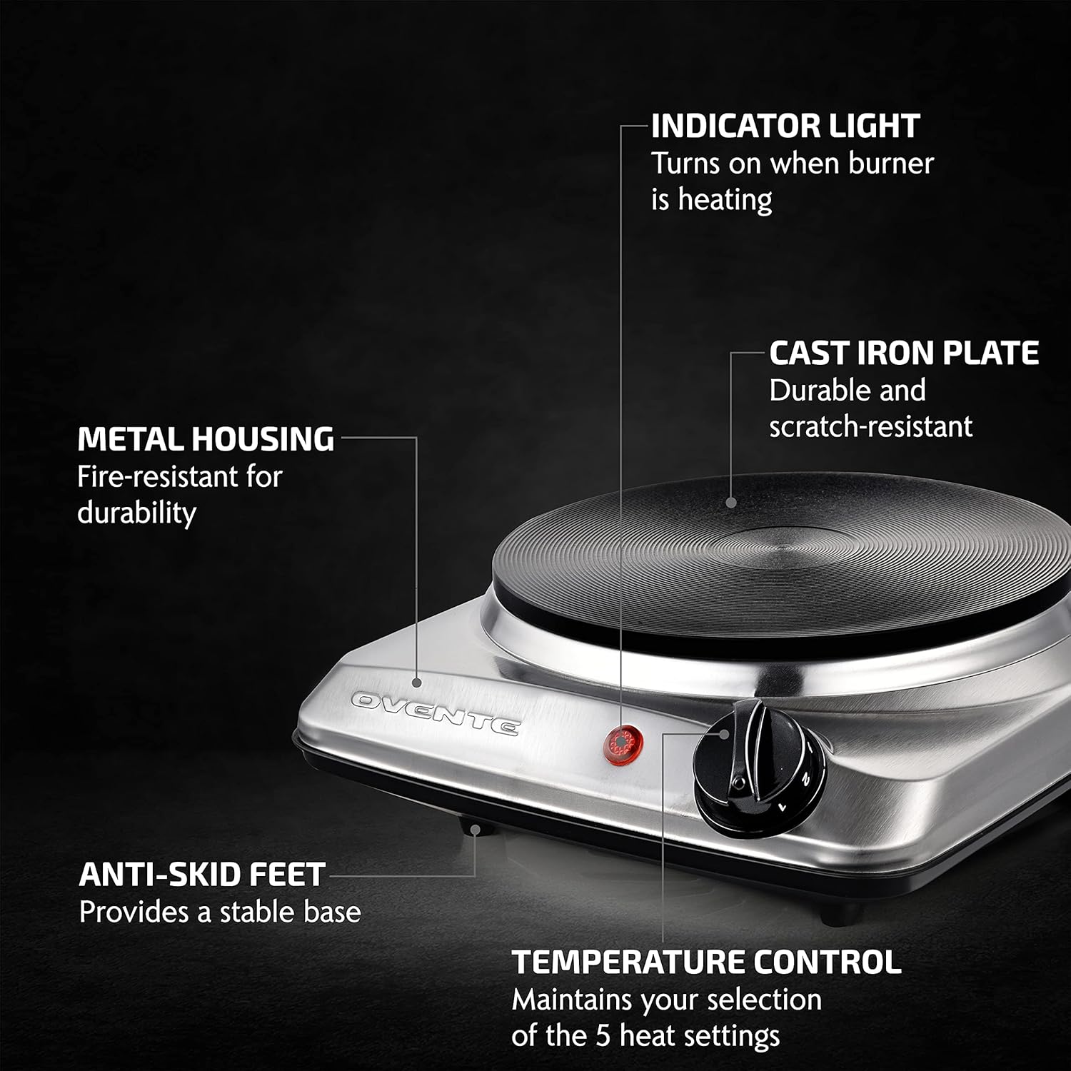 OVENTE Electric Countertop Single Burner, 1000W Cooktop with 7.25 Inch Cast Iron Hot Plate, 5 Level Temperature Control, Compact Cooking Stove and Easy to Clean Stainless Steel Base, Silver BGS101S - Image 3