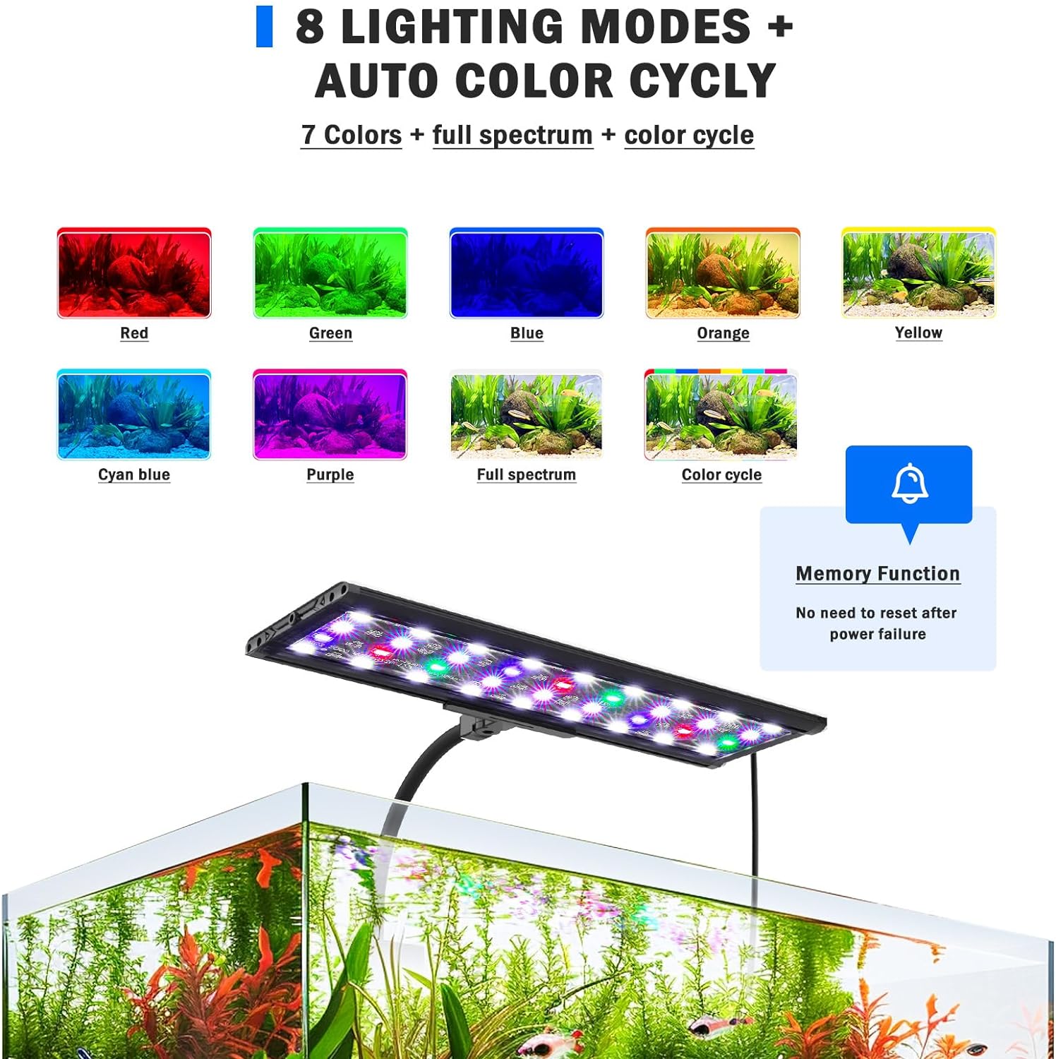 AQQA LED Aquarium Light, 24/7 Mode Clip on Fish Tank Light with Memory Function, DIY Mode Full Spectrum Aquarium Plant Light, Adjustable Timer/Brightness, IP68 Waterproof for 11-16 in Fish Tank 11W - Image 6