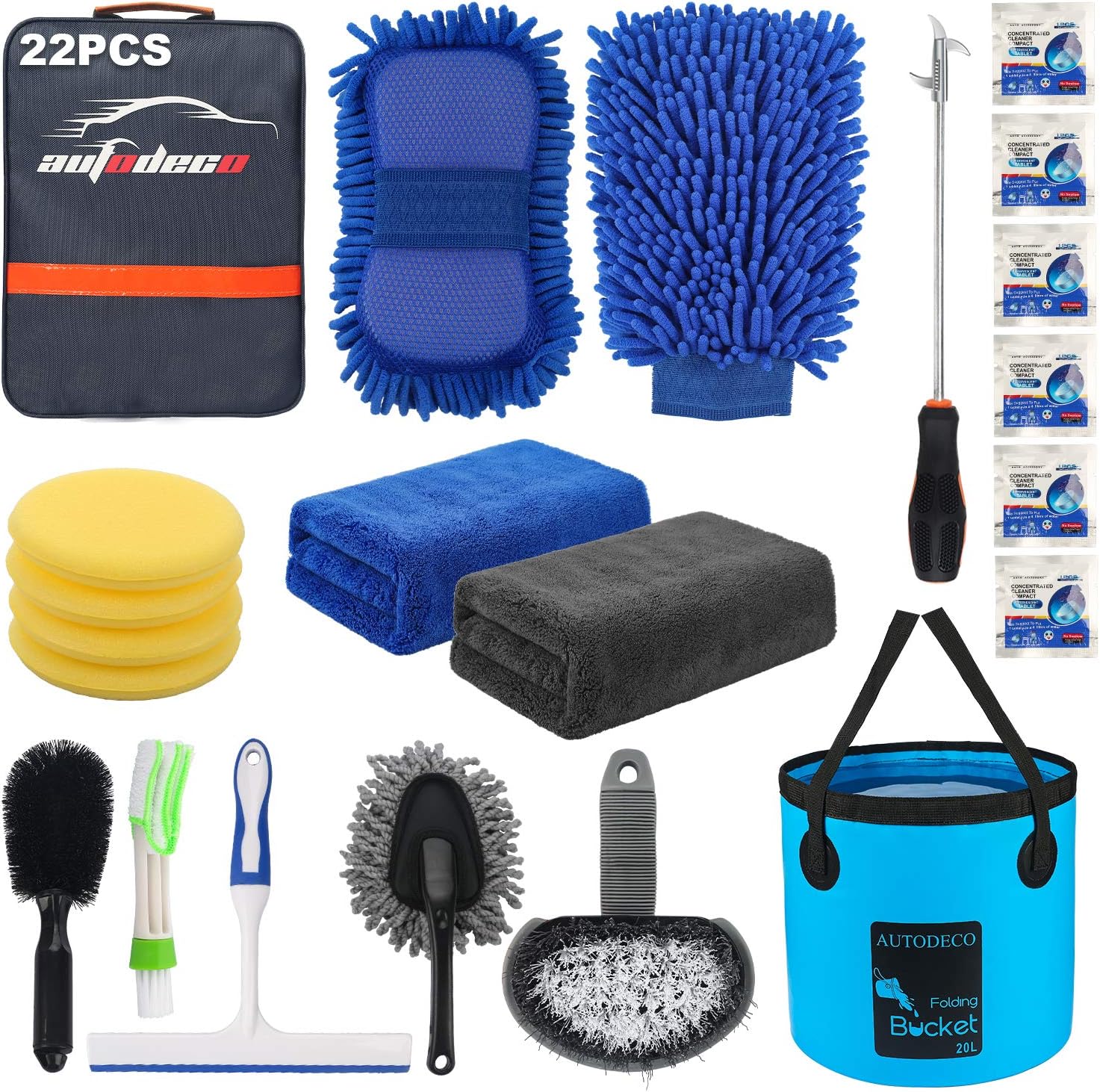 AUTODECO 22Pcs Car Wash Cleaning Tools Kit Car Detailing Set with Blue Canvas Bag Collapsible Bucket Wash Mitt Sponge Towels Tire Brush Window Scraper Duster Complete Interior Car Care Kit - Image 2