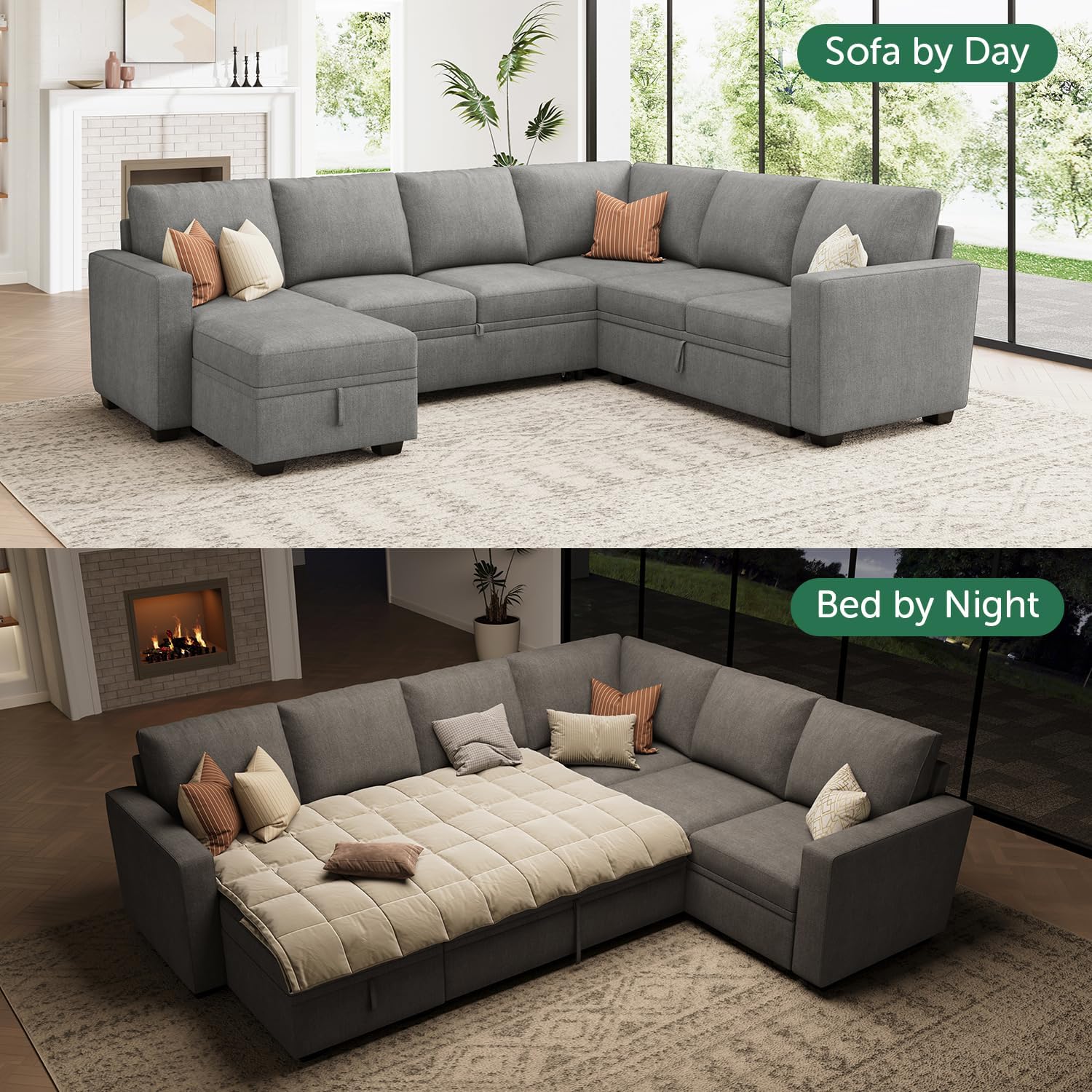 HONBAY Modular Sectional Sleeper Sofa with Pull Out Bed, Chenille Sectional Couch with Storage Seats Ottoman, U Shaped Couches for Living Room, Warm Grey - Image 4