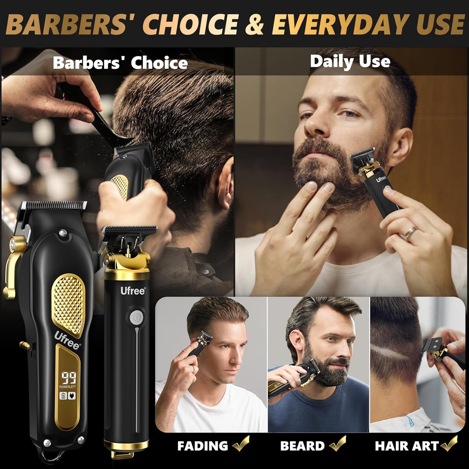 Ufree Hair Clippers for Men, Professional Clippers and Trimmers Set, Cordless Clippers for Hair Cutting, Beard Trimmer, Barber Clippers, Rechargeable Electric Shaver, Gifts for Men - Image 3
