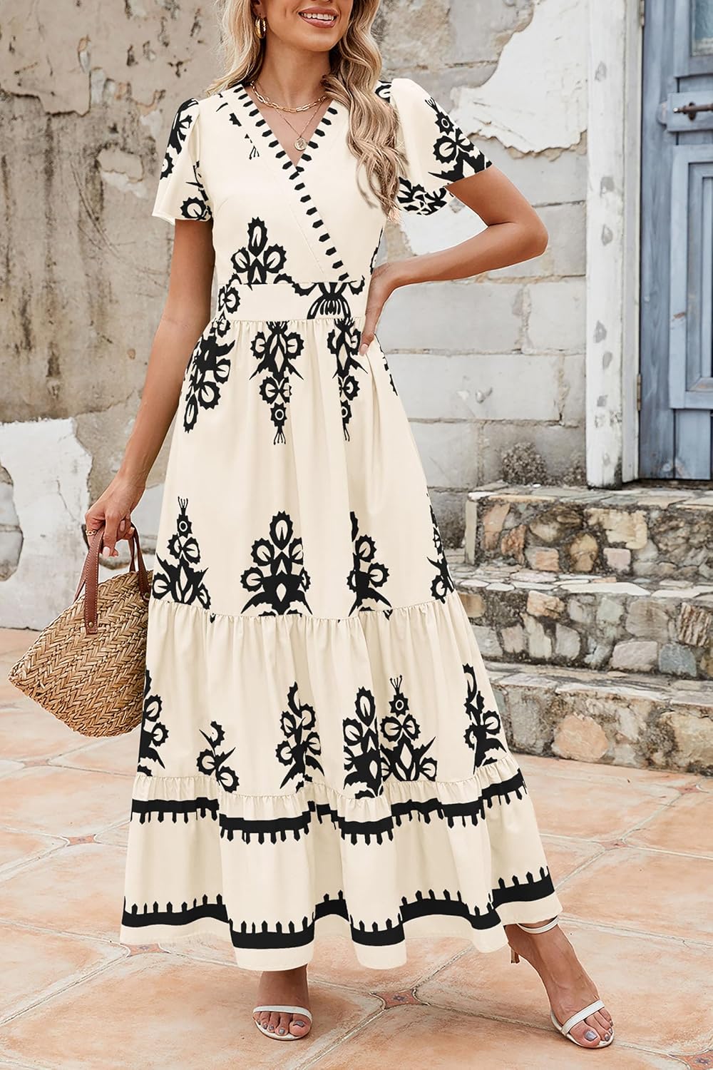 PRETTYGARDEN Womens Summer Casual V Neck Boho Maxi Dress Flowy Aline Bell Sleeve Tiered Floral Dresses with Pocket - Image 6