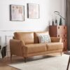 63" Faux Leather Loveseat Sofa, Mid-Century Modern Decor 2 Seater Love Seat Couches, Comfy Armrest Small Couch with Wood Grain Legs for Living Room Apartment, Tan Leather - Image 2