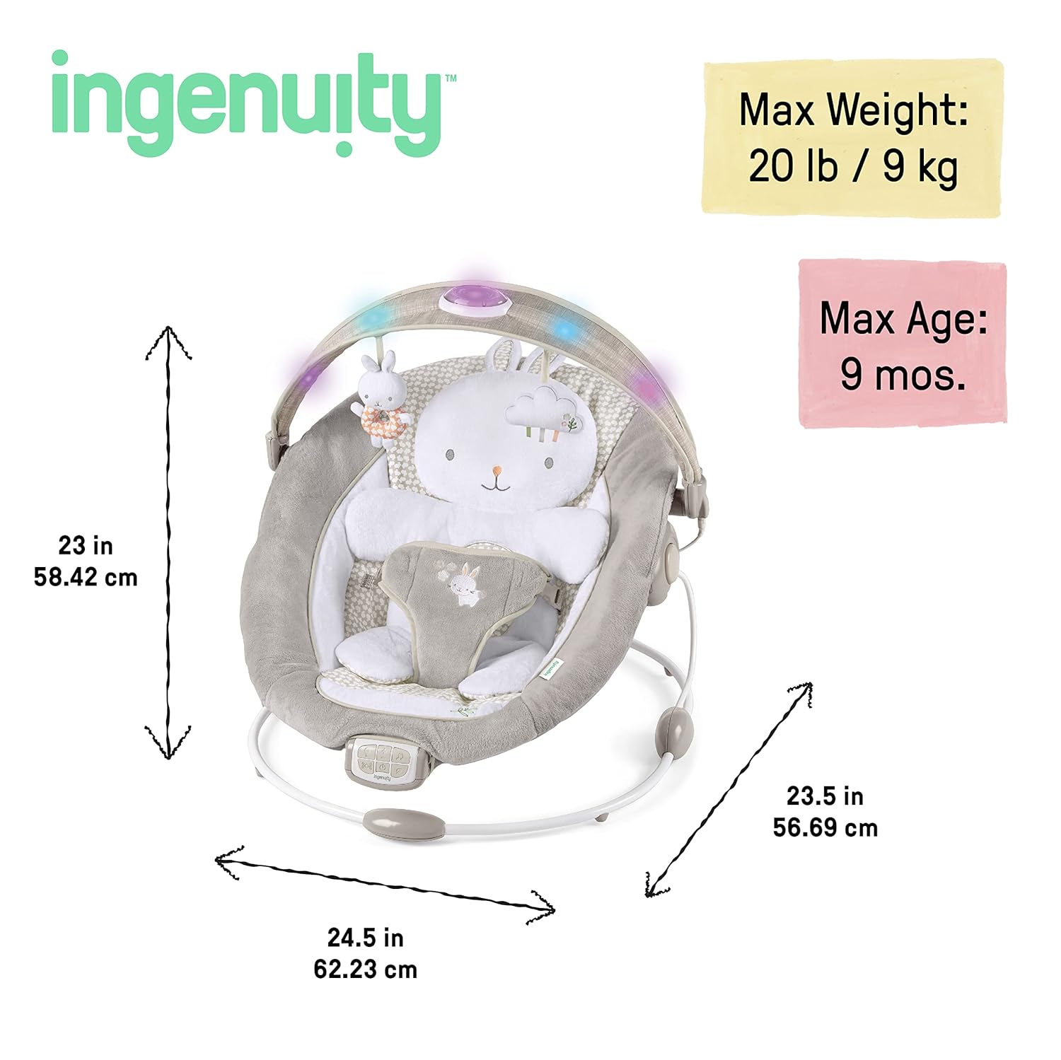 Ingenuity InLighten Baby Bouncer Infant Seat with Light Up -Toy Bar, Vibrations, Tummy Time Pillow & Sounds, 0-6 Months Up to 20 lbs (Twinkle Tails Bunny) - Image 4