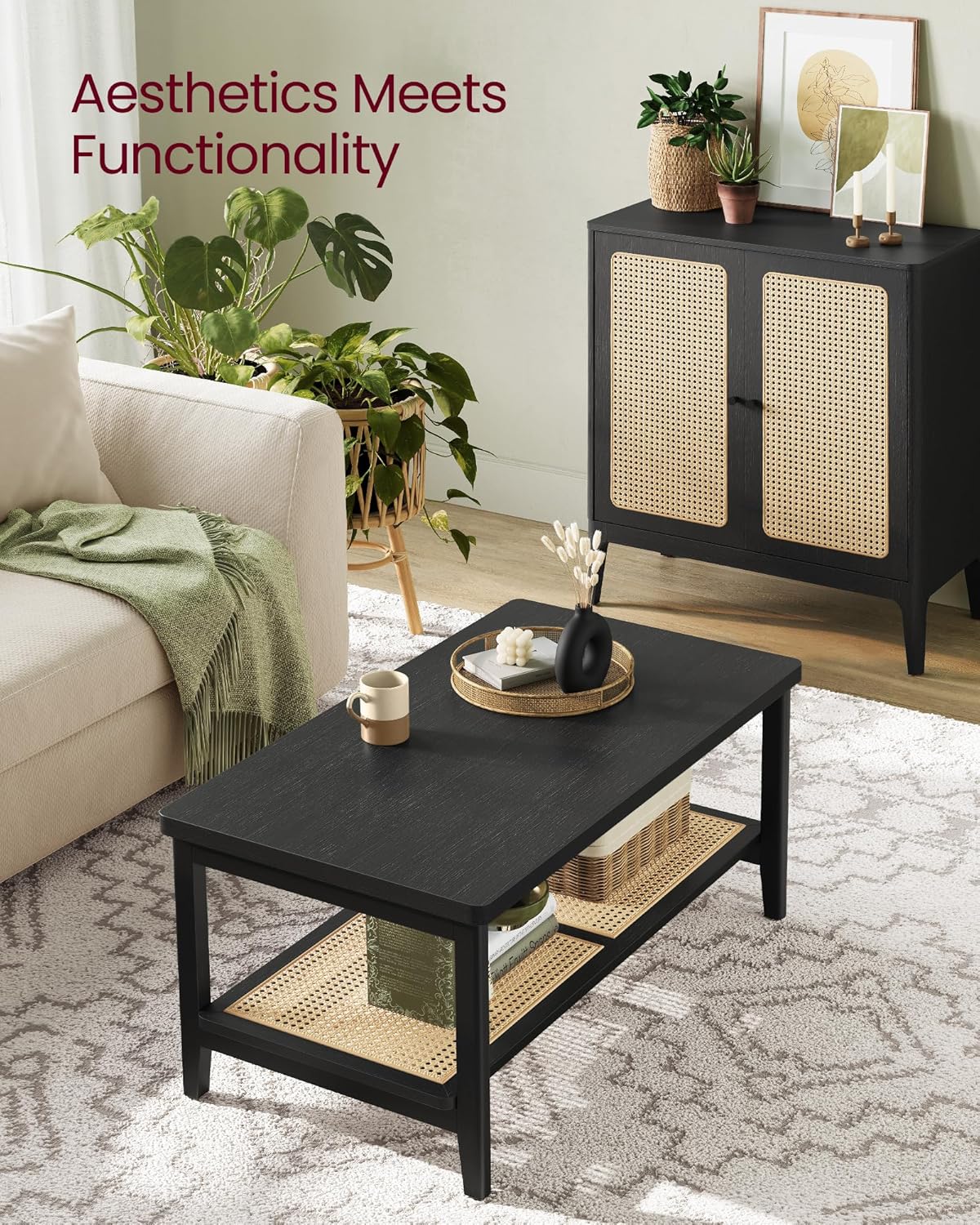 VASAGLE 2-Tier Coffee Table for Living Room, Living Room Table Rectangular Center Table, with PVC Rattan Storage Shelf, Rounded Corners, Easy Assembly, Boho Style, Ash Black ULCT240B21 - Image 5