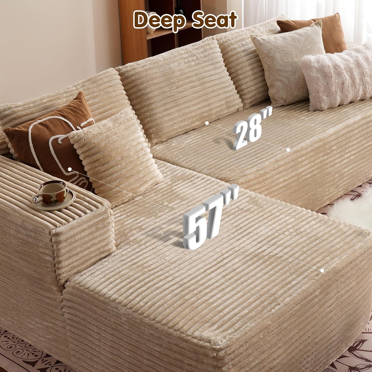 ovios 104" Cloud Sectional Couch with L-Shape Chaise,Modern Modular Sofa with Deep Seat, Upholstered Couches for Living Room Bedroom,No Assembly Required, Beige (Plush Corduroy Fabric) - Image 4