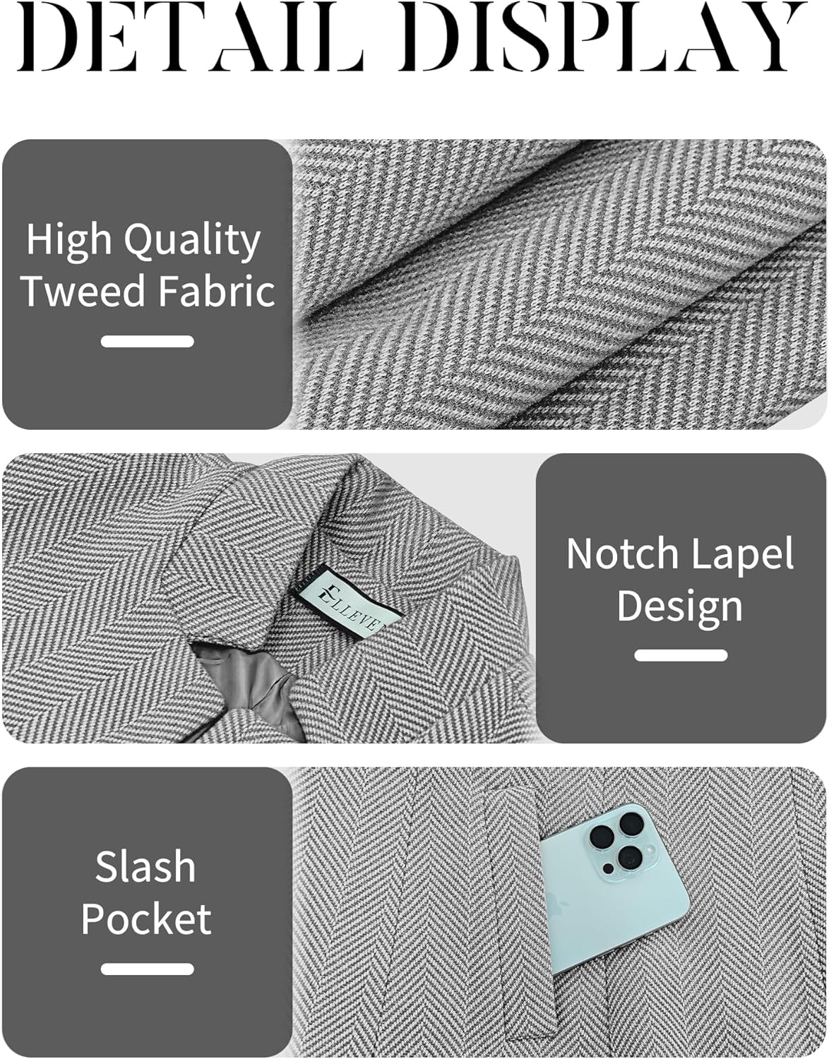 ELLEVEN Women’s Open Front Herringbone Blazer-Business Casual Long Sleeve Work Jacket with Full Lining and Padded Shoulders - Image 6