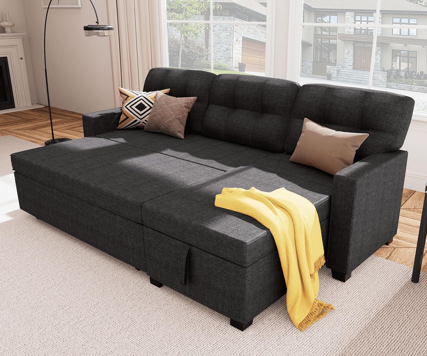 Reversible Sectional Sofa Couch, Sleeper Sofa Bed with Storage Chaise Pull Out Couch for Living Room | Hidden Stroge | Pull Out Bed | Removable Backrest | Linen Fabric, DeepGrey - Image 2