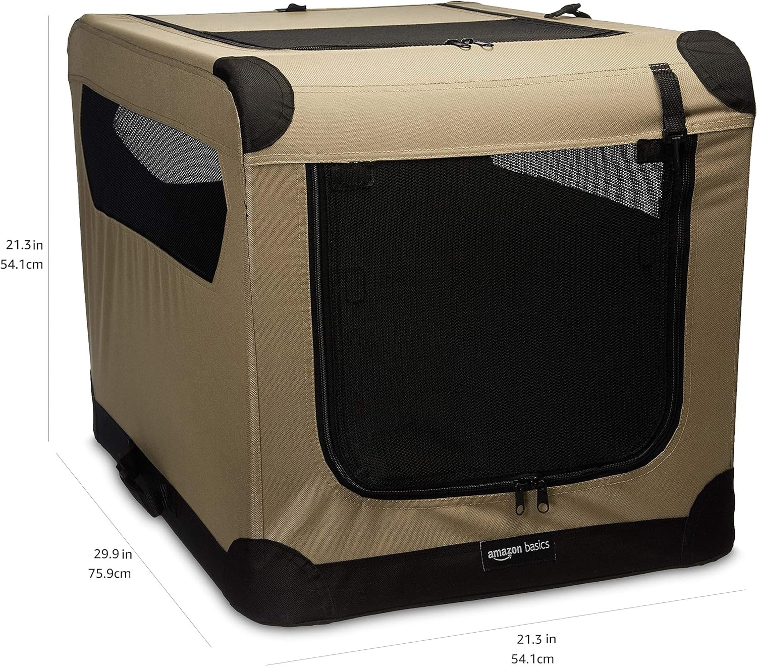 Amazon Basics 2-Door Portable Soft-Sided Folding Soft Dog Travel Crate Kennel, Medium (M 30" x 21" x 21"), Tan - Image 3