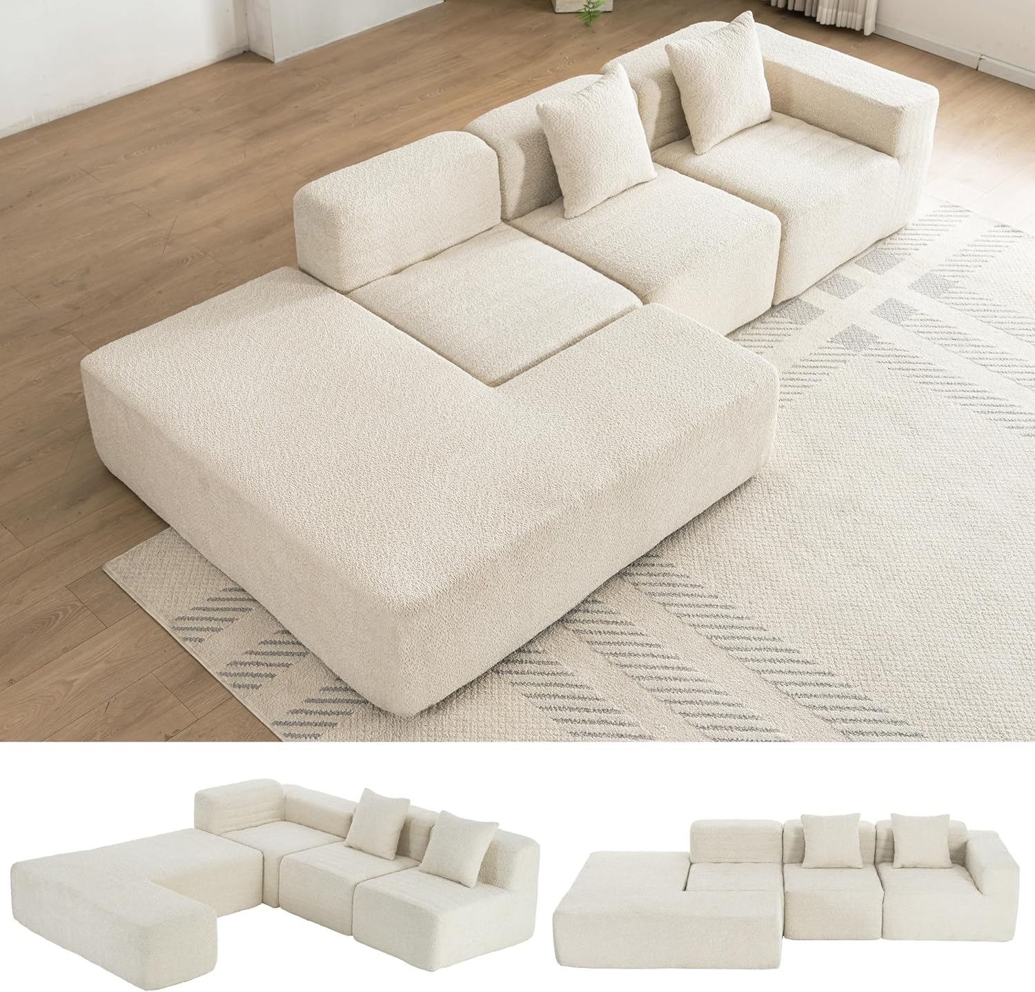 Merax 116.5" Minimalist Cloud Sectional Couch with L-Shape Chaise, Cream Modern Modular Sofa with Deep Seat, White Convertible 4 Seat Sleeper Couches Set for Living Room, No Assembly Required, Beige - Image 2