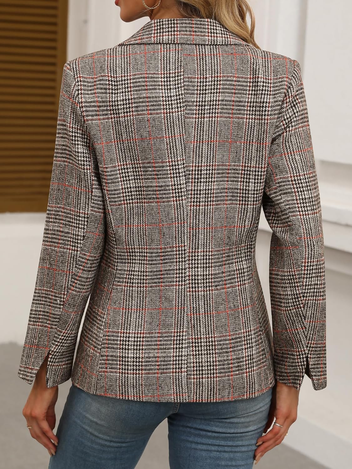 ELLEVEN Women's Lapel Collar Plaid 2 Button Boyfriend Blazer Suit Houndstooth Work Office Blazer Jacket - Image 4