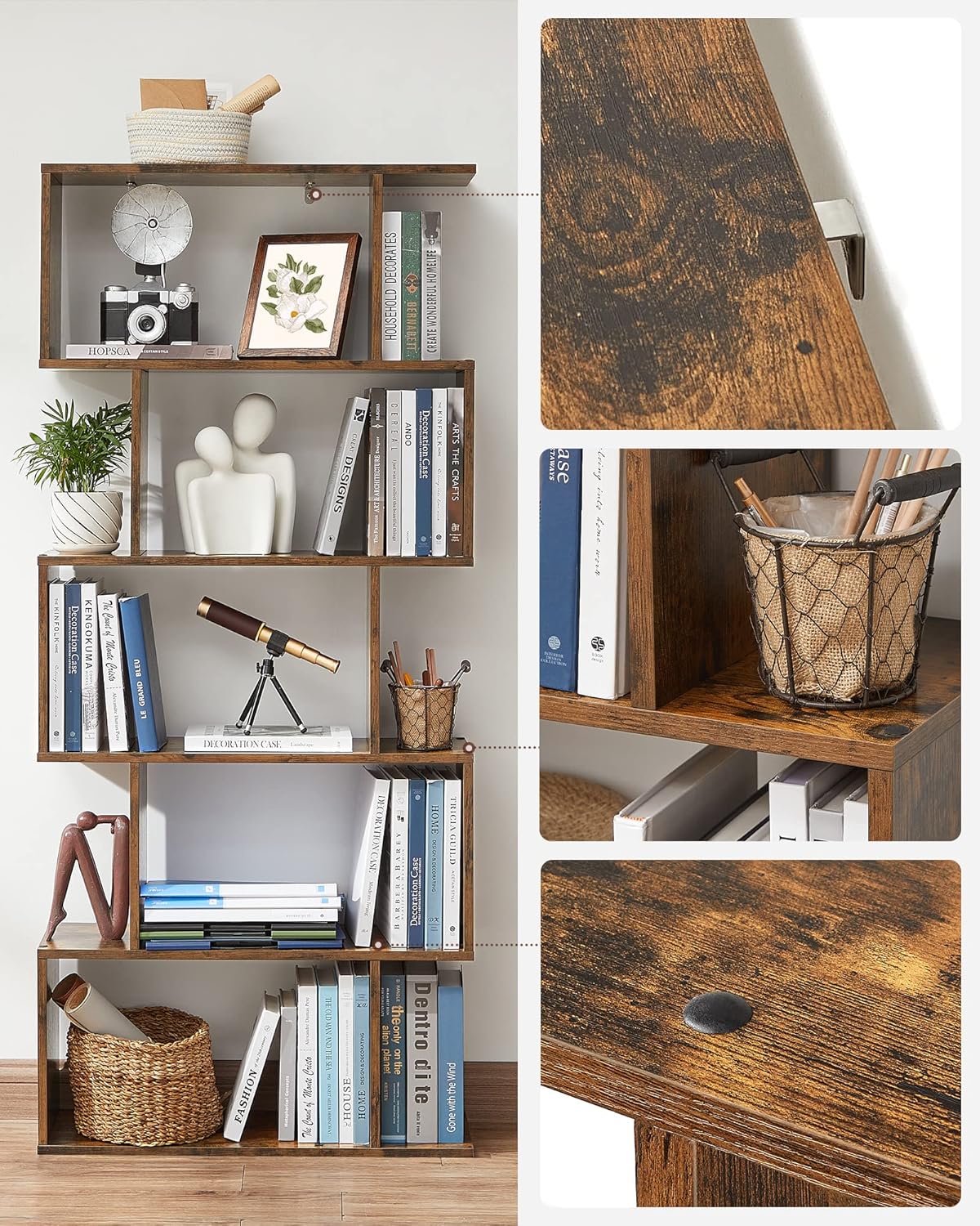 VASAGLE Bookcase, 5-Tier Bookshelf, Display Shelf and Room Divider, Freestanding Decorative Storage Shelving, Rustic Brown ULBC62BX, 27.6”L x 9.4”W x 62.6”H (70 x 24 x 159 cm) - Image 8