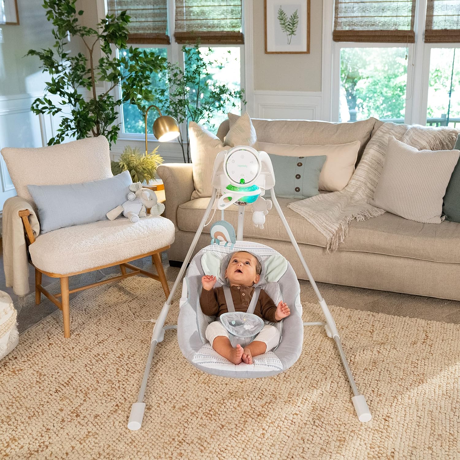 Ingenuity InLighten 5-Speed Baby Swing - Swivel Infant Seat, 5 Point Safety Harness, Nature Sounds, Lights - Van Elephant - Image 10