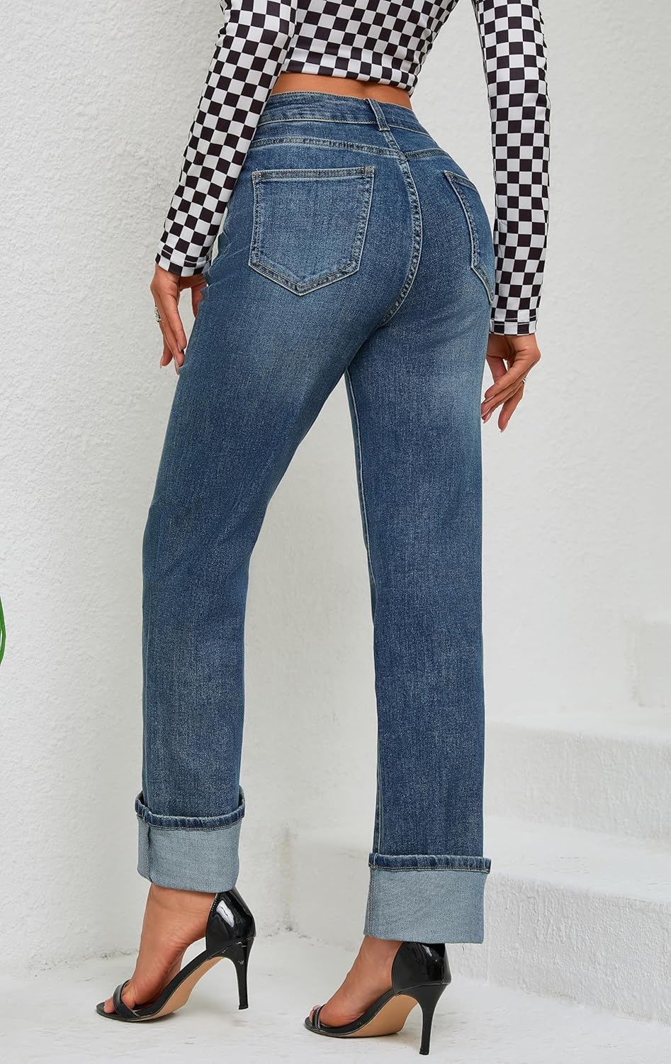 Womens Jeans High Waisted Stretchy Straight Leg Jeans for Women Tummy Control Trendy Cute Ankle Fold Hem Jeans Pants - Image 3