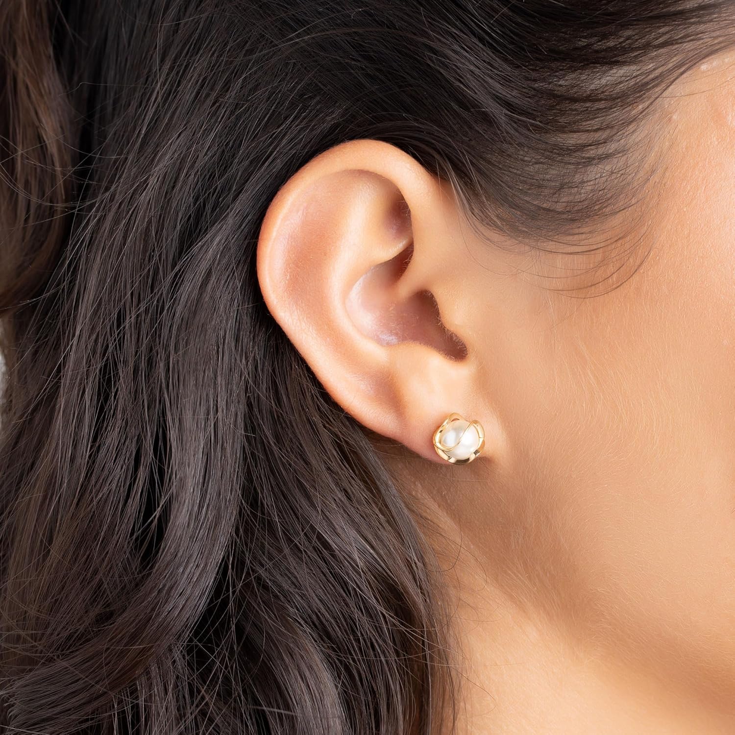 Barzel 18K Gold Plated Caged Pearl Stud Earrings, 6MM - Made In Brazil - Image 3