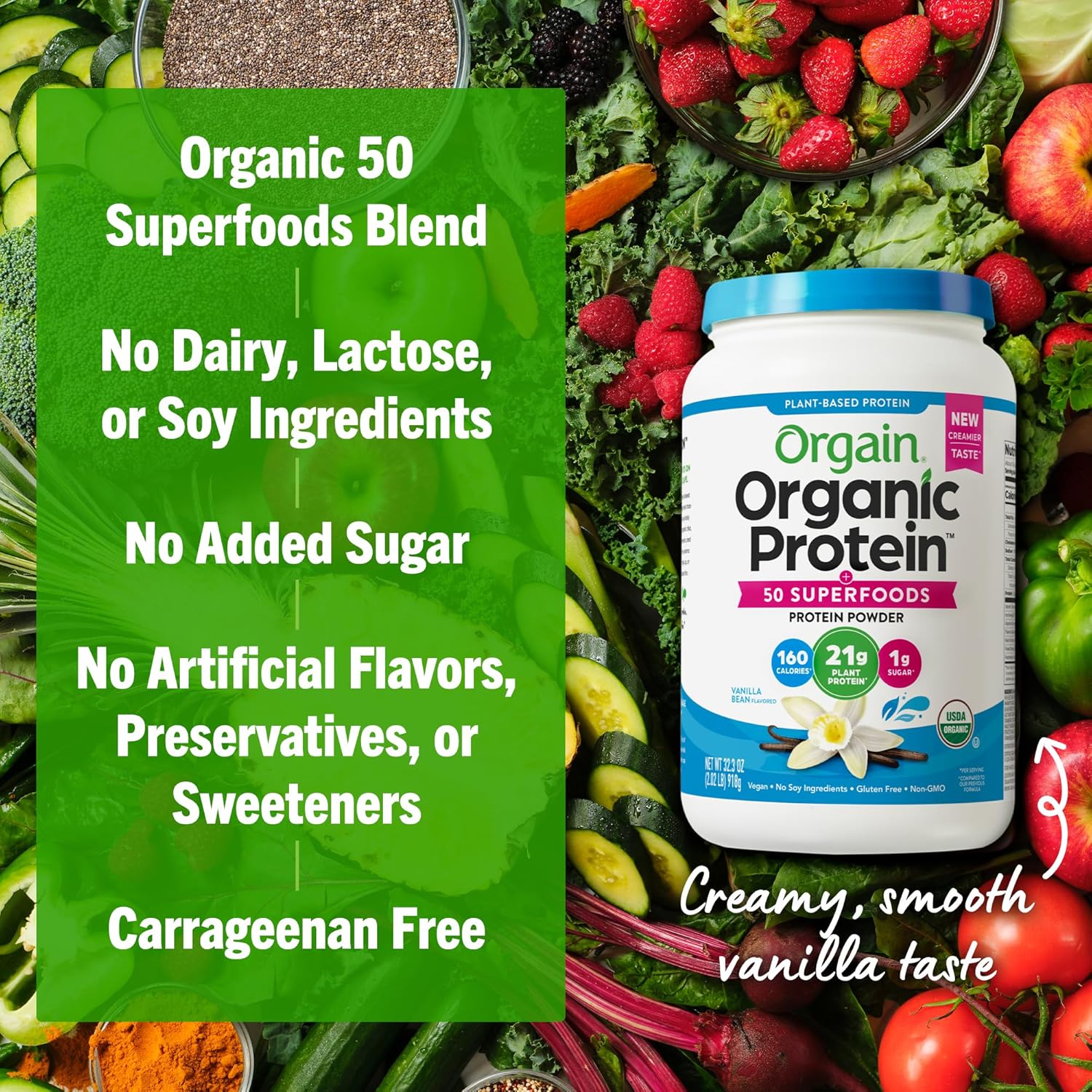 Orgain Organic Vegan Protein + 50 Superfoods Powder, Vanilla Bean - 21g Plant Based Protein, 8g Prebiotic Fiber, No Lactose Ingredients, Gluten Free, No Added Sugar, Non-GMO, 2.02 lb - Image 7