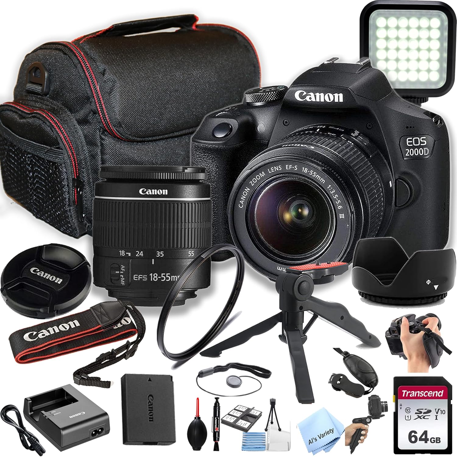 Canon EOS 2000D / Rebel T7 DSLR Camera w/EF-S 18-55mm F/3.5-5.6 Zoom Lens + 64GB Memory, LED Video Light, Case, Gripster Tripod, and More (Essential Bundle) (Renewed) - Image 2