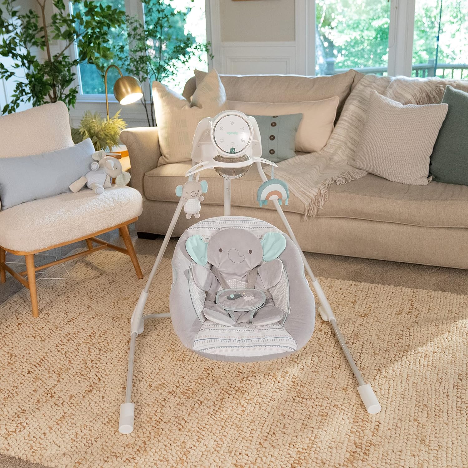 Ingenuity InLighten 5-Speed Baby Swing - Swivel Infant Seat, 5 Point Safety Harness, Nature Sounds, Lights - Van Elephant - Image 16