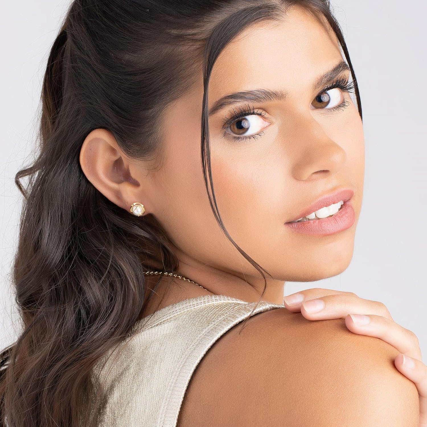 Barzel 18K Gold Plated Caged Pearl Stud Earrings, 6MM - Made In Brazil - Image 4