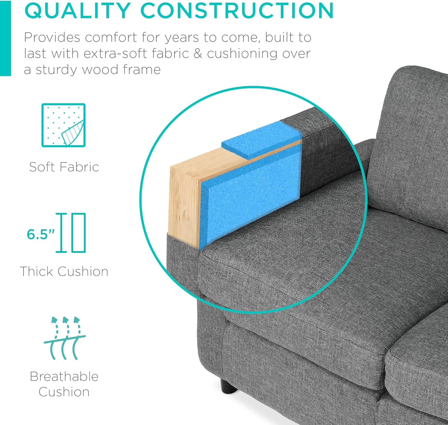 Best Choice Products Upholstered Sectional Sofa for Home, Apartment, Dorm, Bonus Room, Compact Spaces w/Chaise Lounge, 3-Seat, L-Shape Design, Reversible Ottoman Bench, 680lb Capacity - Gray - Image 7