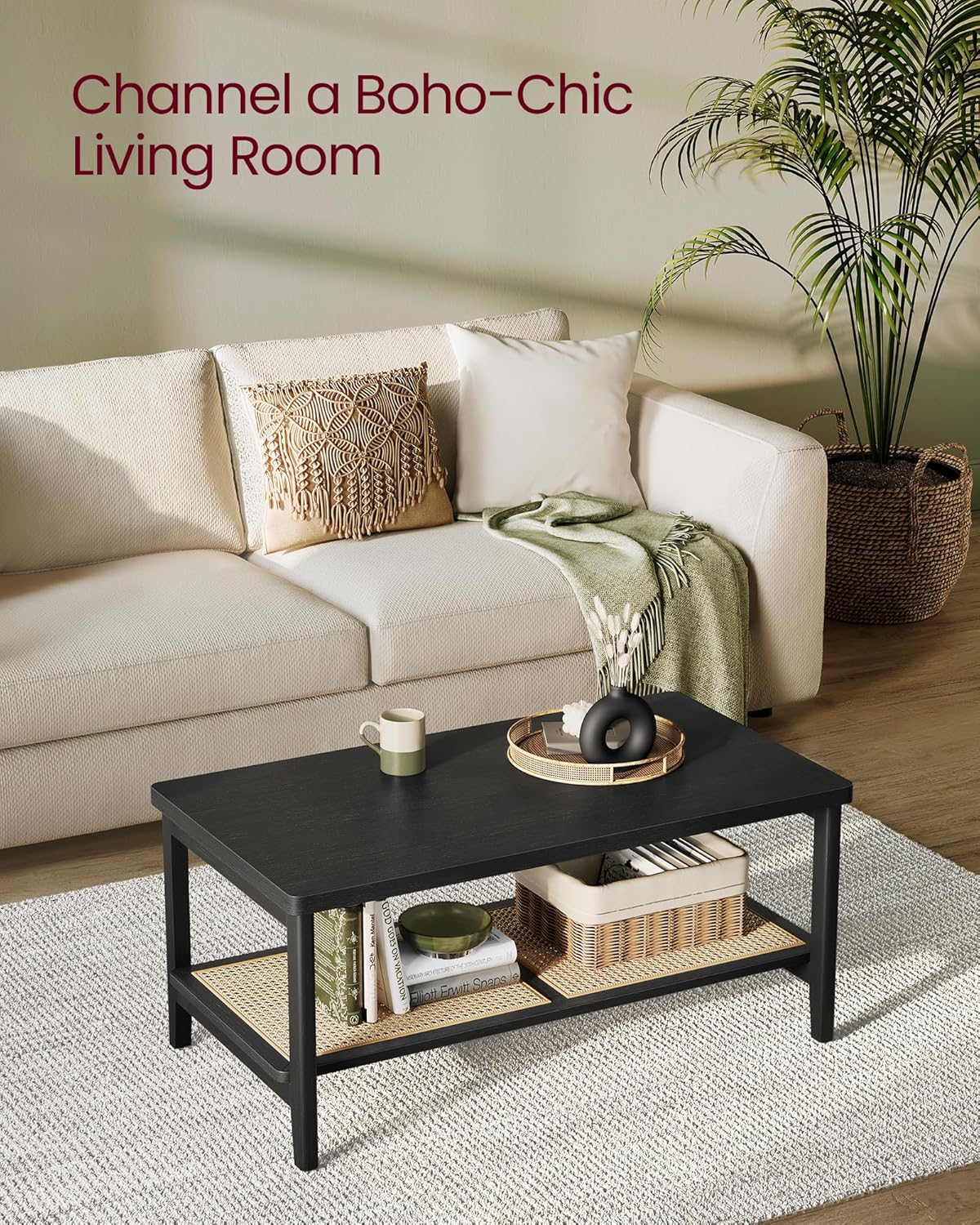 VASAGLE 2-Tier Coffee Table for Living Room, Living Room Table Rectangular Center Table, with PVC Rattan Storage Shelf, Rounded Corners, Easy Assembly, Boho Style, Ash Black ULCT240B21 - Image 6