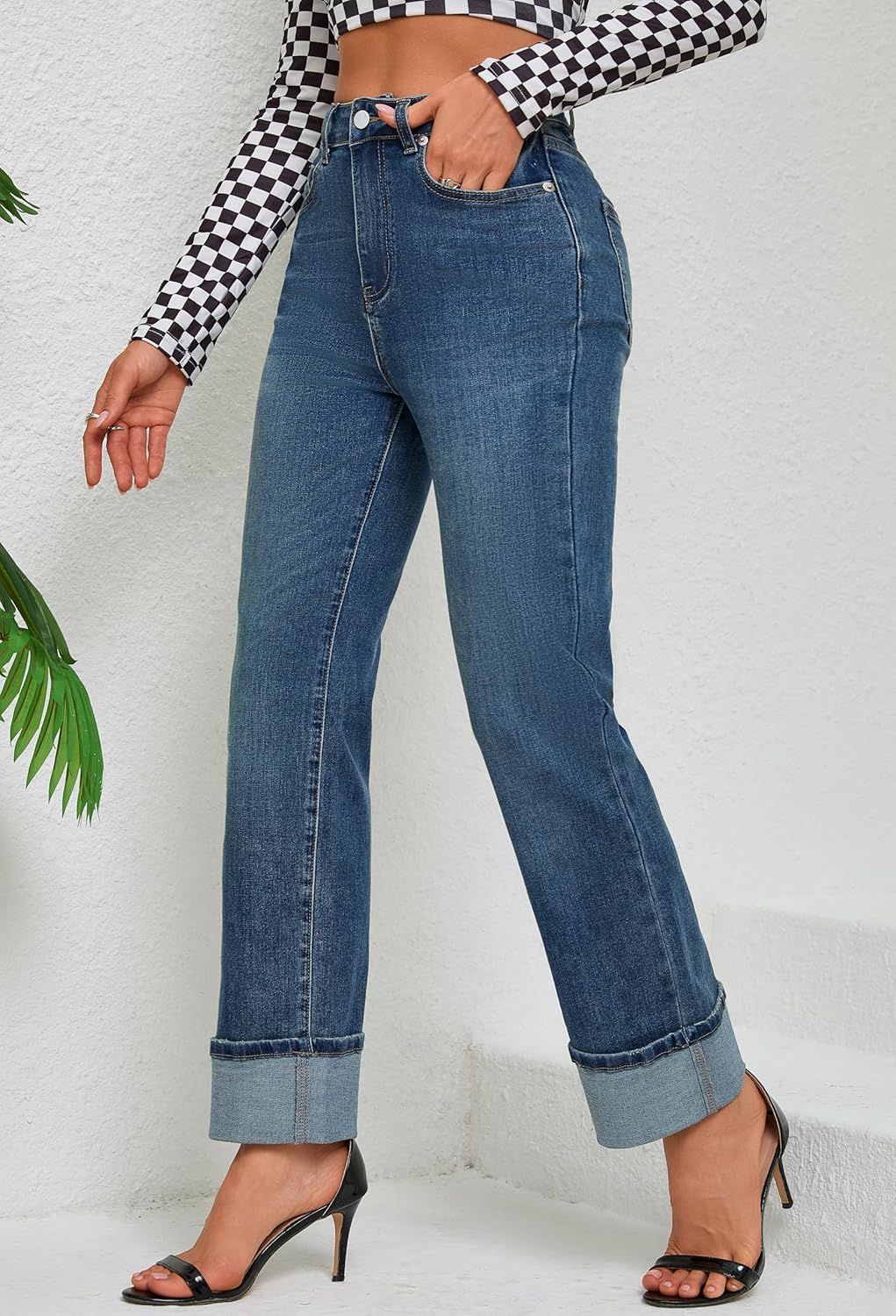 Womens Jeans High Waisted Stretchy Straight Leg Jeans for Women Tummy Control Trendy Cute Ankle Fold Hem Jeans Pants - Image 4