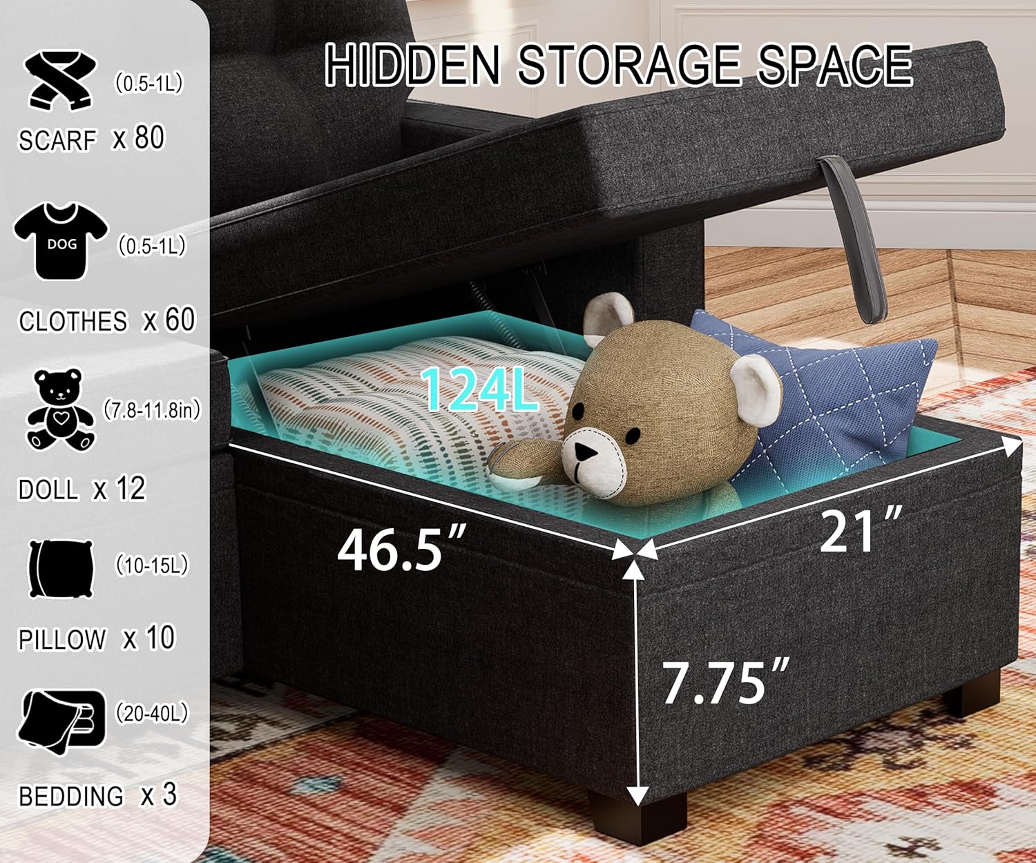 Reversible Sectional Sofa Couch, Sleeper Sofa Bed with Storage Chaise Pull Out Couch for Living Room | Hidden Stroge | Pull Out Bed | Removable Backrest | Linen Fabric, DeepGrey - Image 7