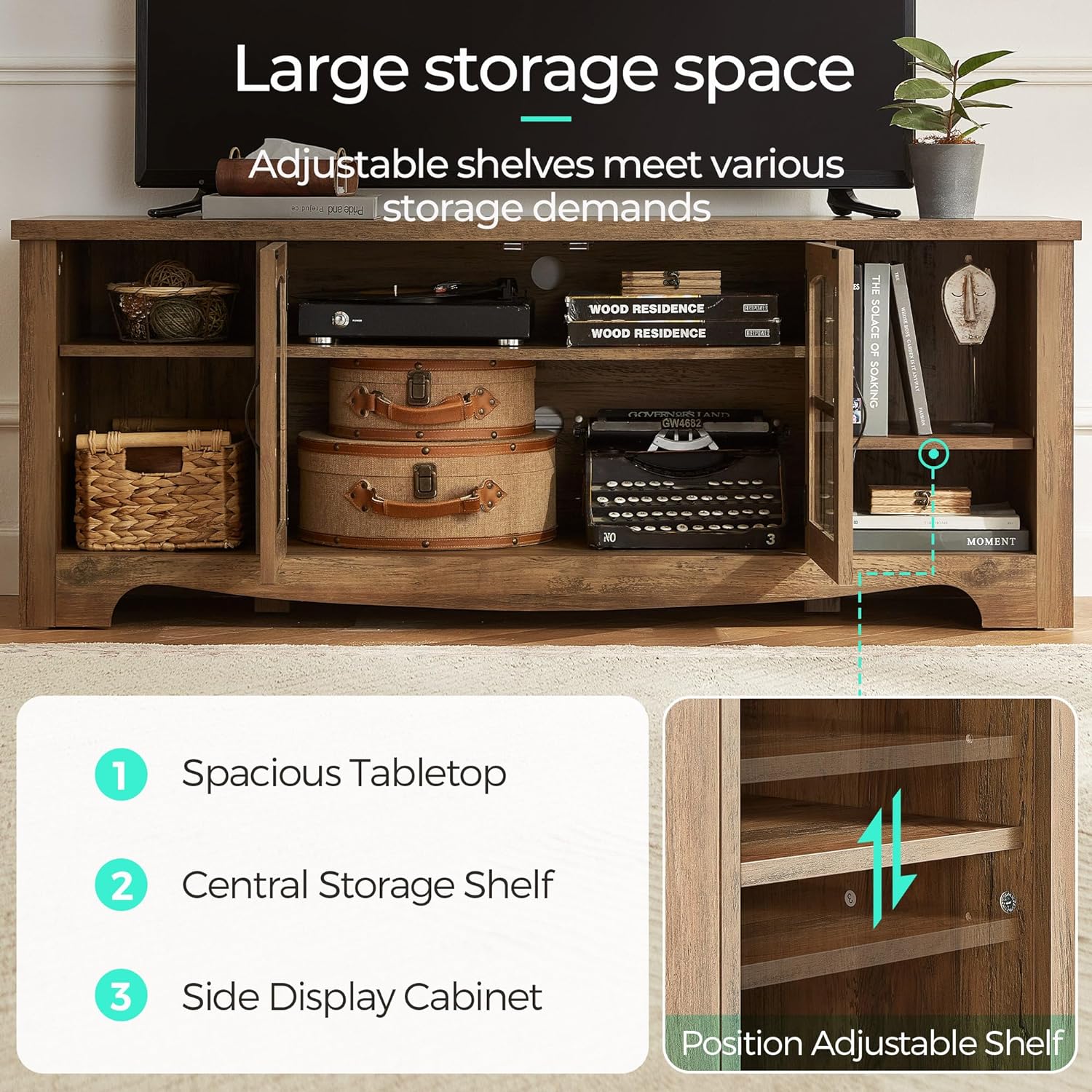 LINSY HOME Farmhouse TV Stand for 65 Inch TV, Wood Entertainment Center with Glass Door Storage Cabinet & Adjustable Shelves, Large Sturdy Console Table for Living Room & Bedroom - Image 3