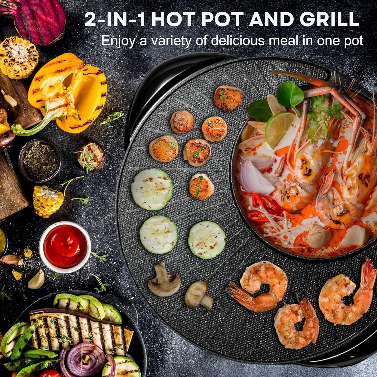 OVENTE Electric Hot Pot and Grill Combo, 2-in-1 Portable Countertop Cooker with Temperature Control Perfect for Korean BBQ, Shabu Shabu and Soup with Free Strainer, Chopsticks and Tong, Black GH10133B - Image 3