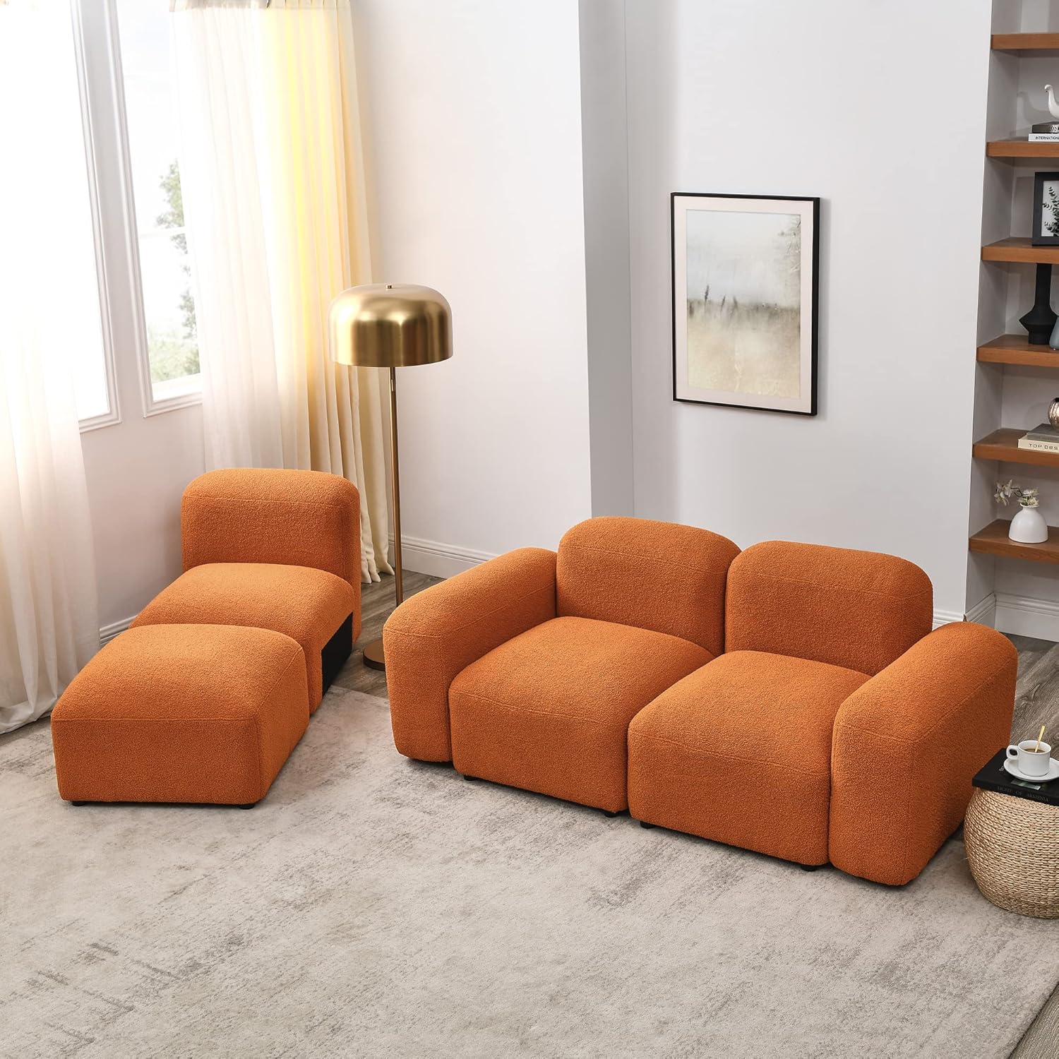 Modular Sectional Sofa, Convertible L Shaped Couch, 94.5" Modern Minimalist Cloud Couches for Living Room Set, Comfy Orange Teddy Fabric - Image 7