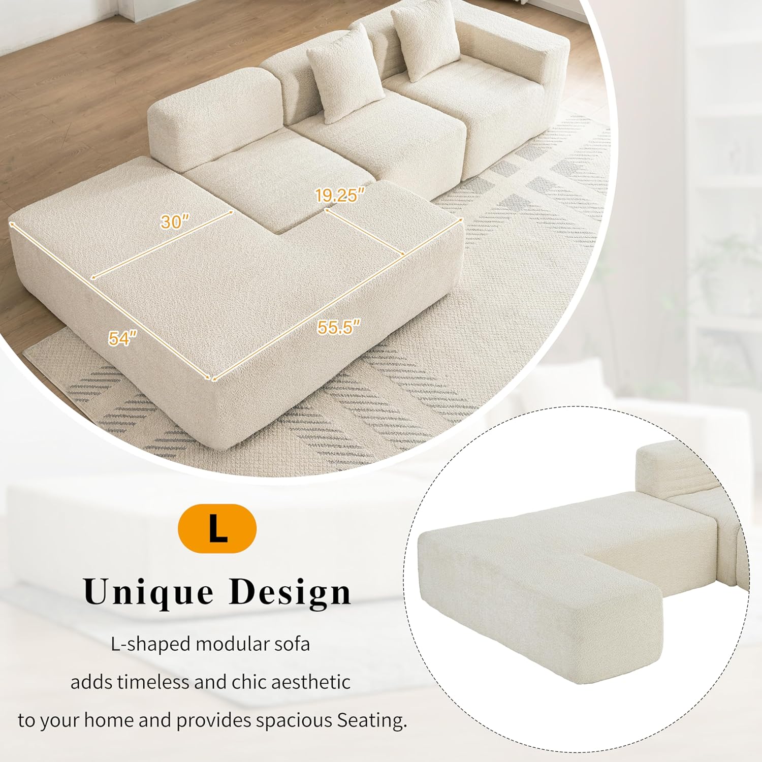 Merax 116.5" Minimalist Cloud Sectional Couch with L-Shape Chaise, Cream Modern Modular Sofa with Deep Seat, White Convertible 4 Seat Sleeper Couches Set for Living Room, No Assembly Required, Beige - Image 5