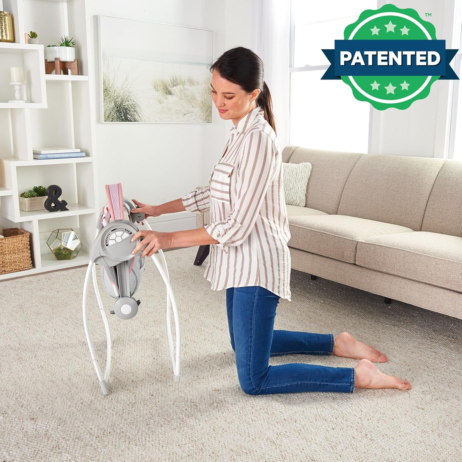 Ingenuity Comfort 2 Go Compact Portable 6-Speed Cushioned Baby Swing with Music, Folds Easy, 0-9 Months 6-20 lbs (Pink Flora the Unicorn) - Image 4