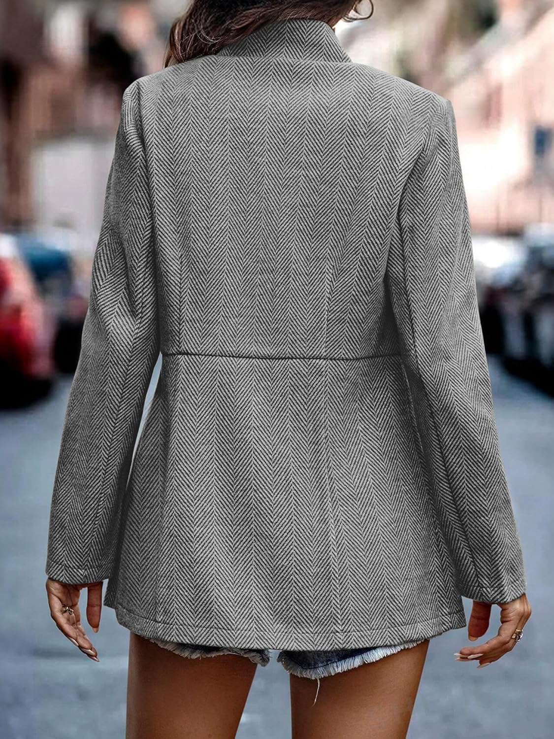 ELLEVEN Women’s Open Front Herringbone Blazer-Business Casual Long Sleeve Work Jacket with Full Lining and Padded Shoulders - Image 3
