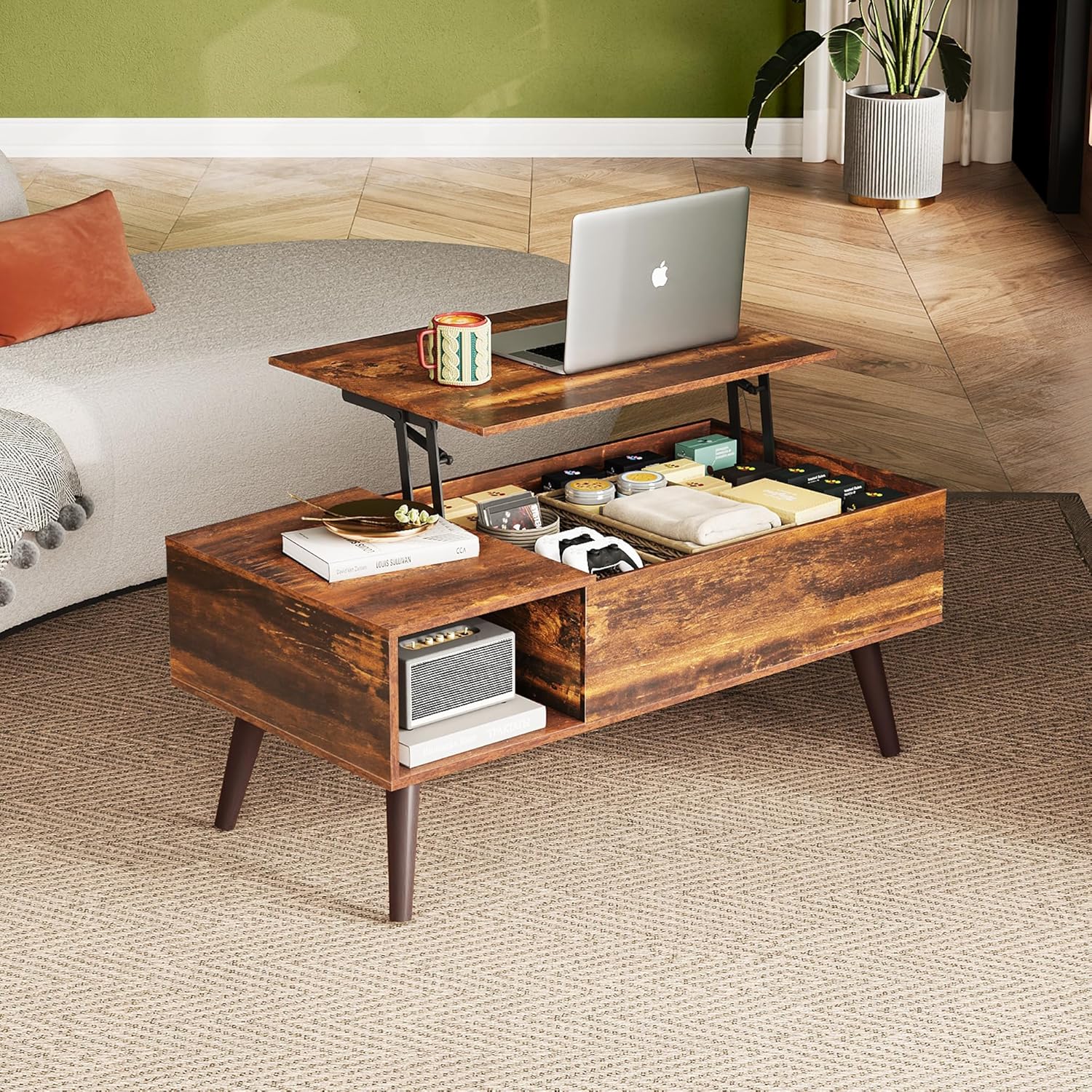 WLIVE Coffee Table, 39" Lift Top Coffee Table with Hidden Compartment, Small Rising Wooden Dining Center Table for Home Living Room, Office, Rustic Brown - Image 3