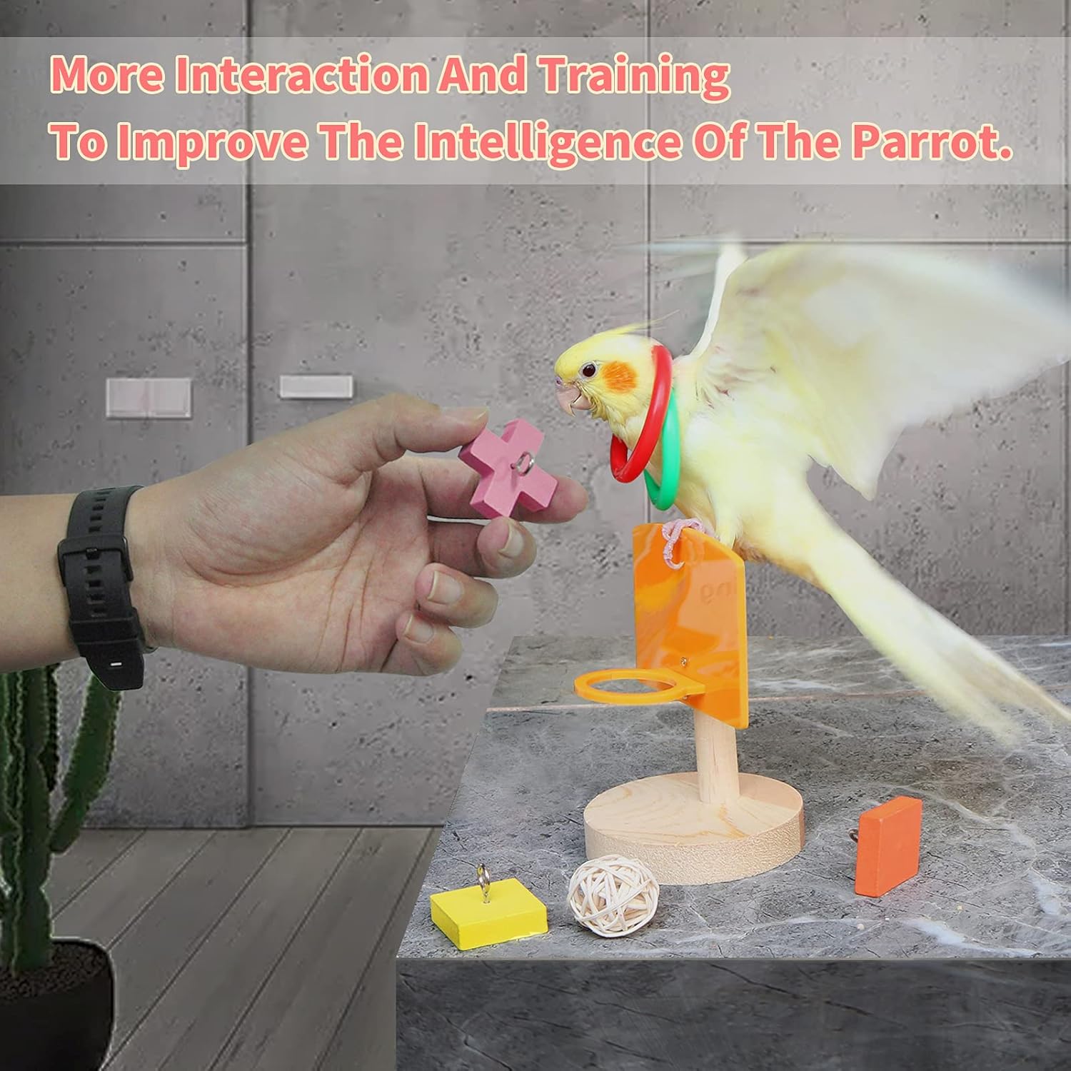 Bird Toys For Parakeets,5pcs Parrot Toys Set (Include Bird Basketball Toy、Bird Skateboard、Bird Stacking Toy、Parrot Wooden Block Puzzles Toy、Small Sepak Takraw),Parakeet Toys、For Bird Training Toys12 - Image 6
