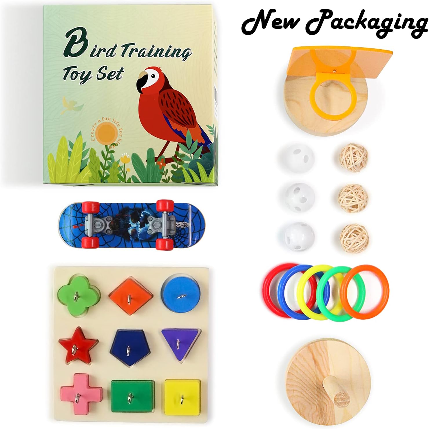 Bird Toys For Parakeets,5pcs Parrot Toys Set (Include Bird Basketball Toy、Bird Skateboard、Bird Stacking Toy、Parrot Wooden Block Puzzles Toy、Small Sepak Takraw),Parakeet Toys、For Bird Training Toys12 - Image 7